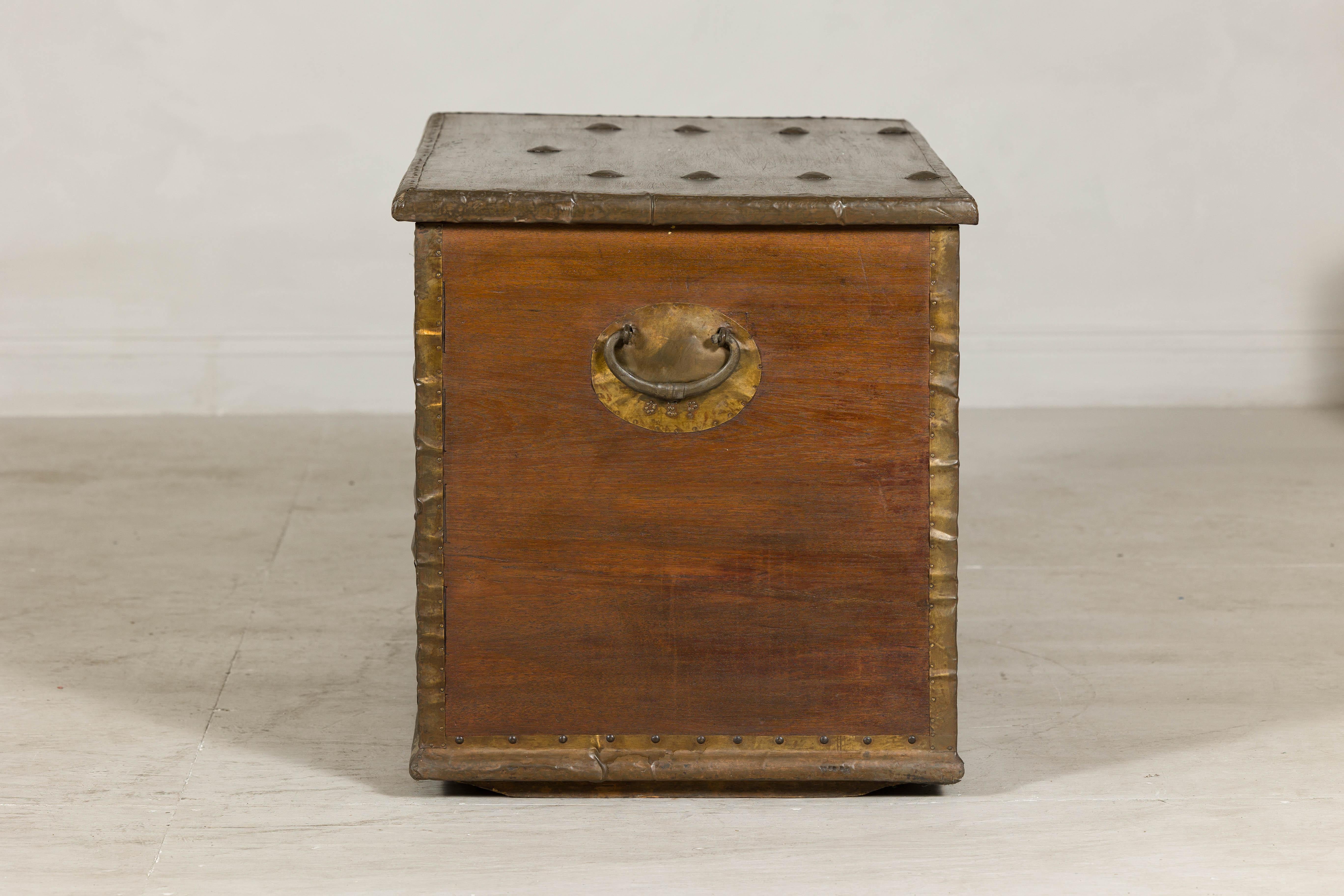 Antique Wood Trunk with Brass Studded Decoration and Side Handles 8