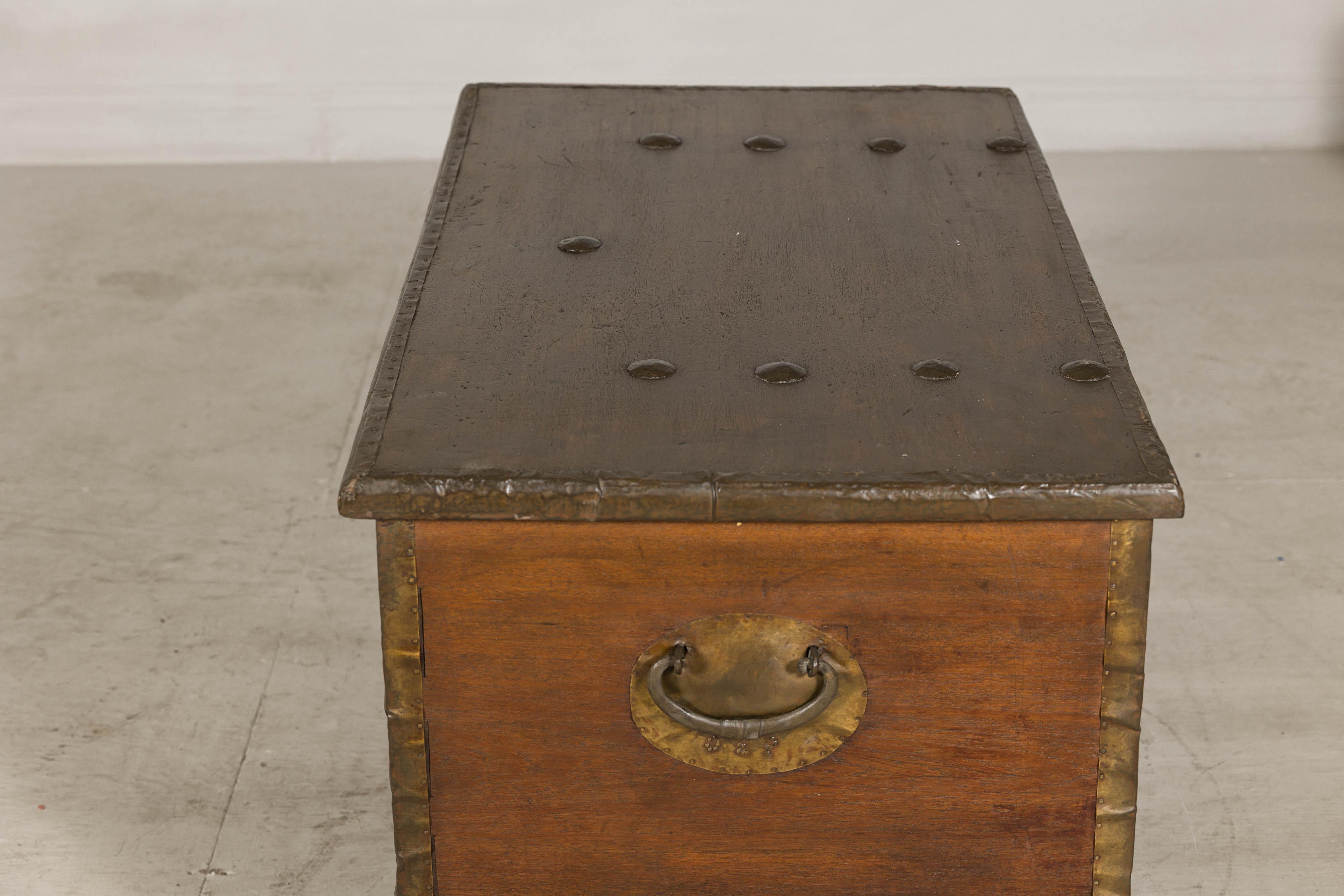 Antique Wood Trunk with Brass Studded Decoration and Side Handles 9