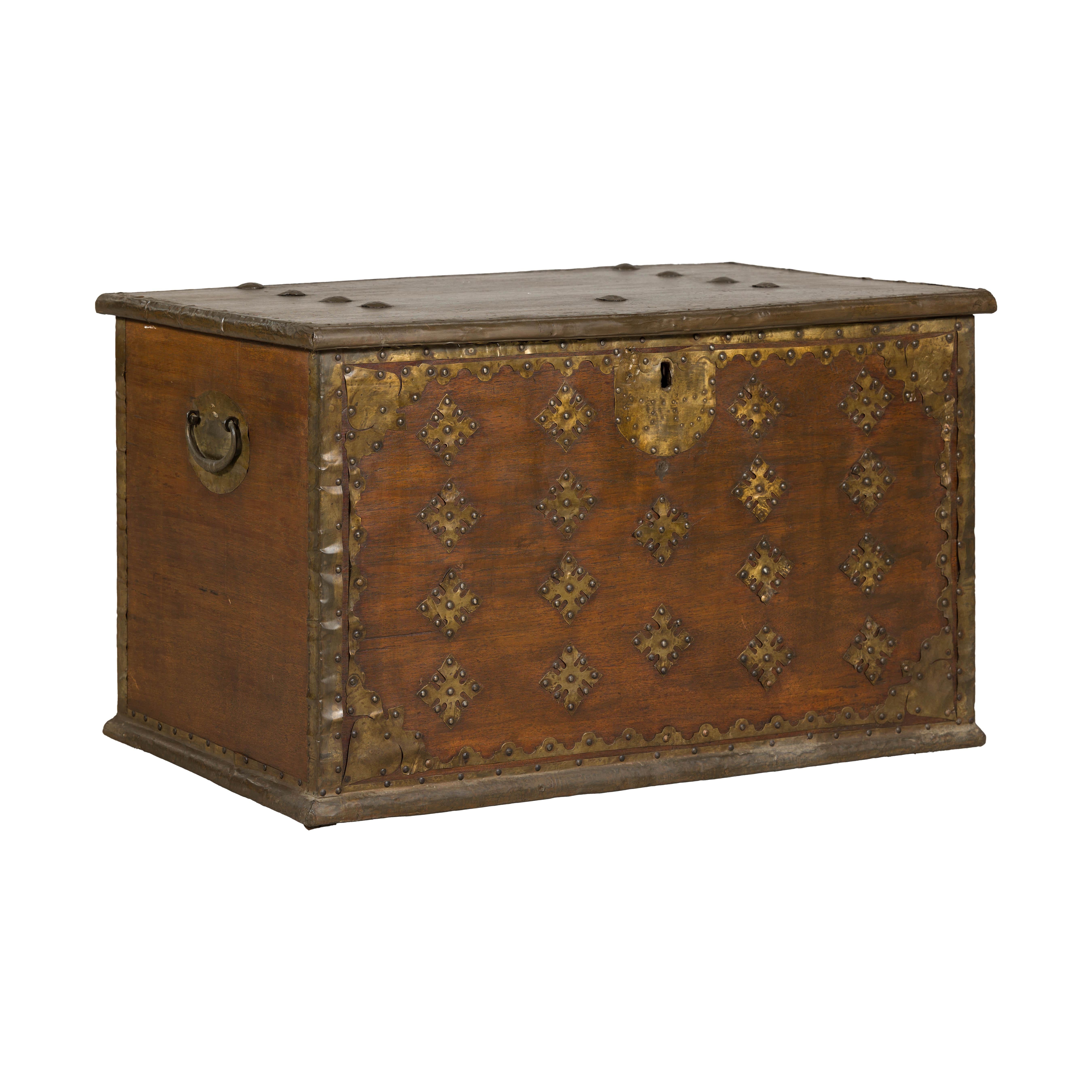 Antique Wood Trunk with Brass Studded Decoration and Side Handles 11