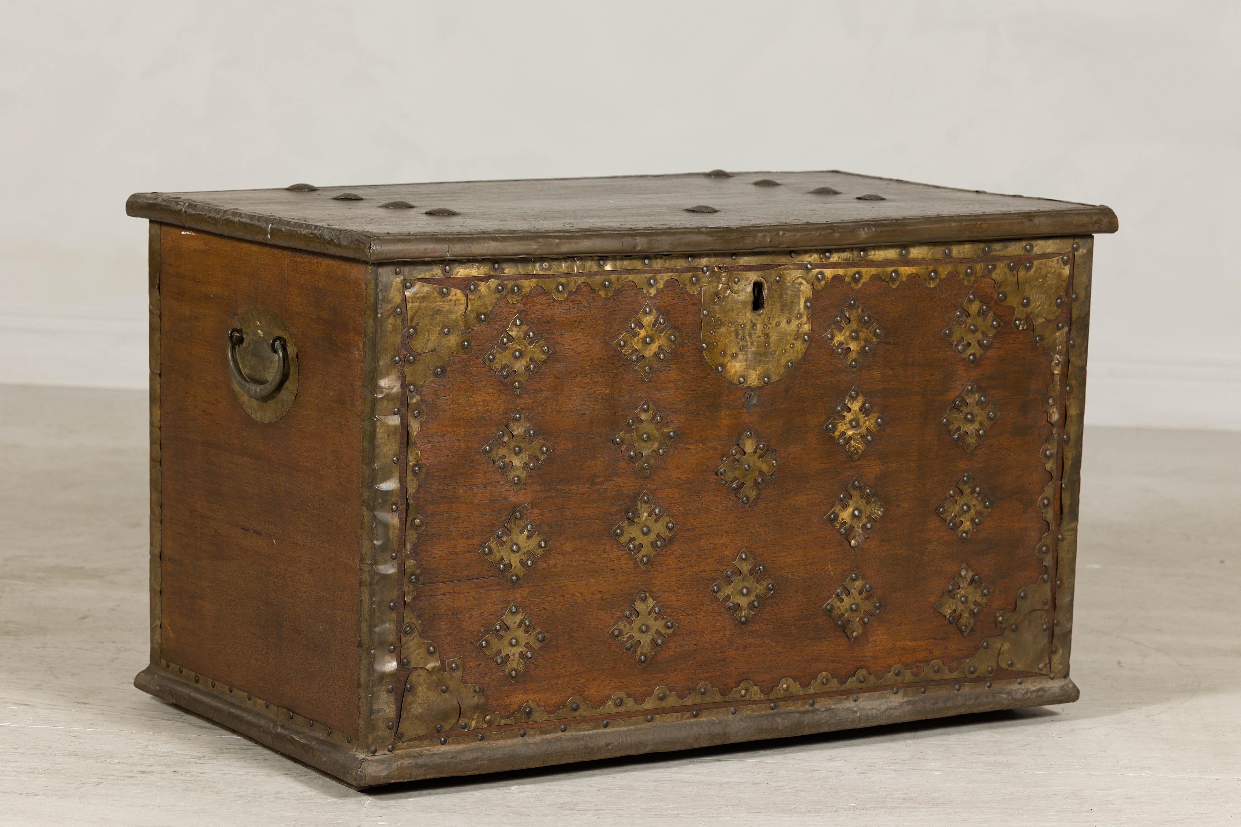 Hammered Antique Wood Trunk with Brass Studded Decoration and Side Handles