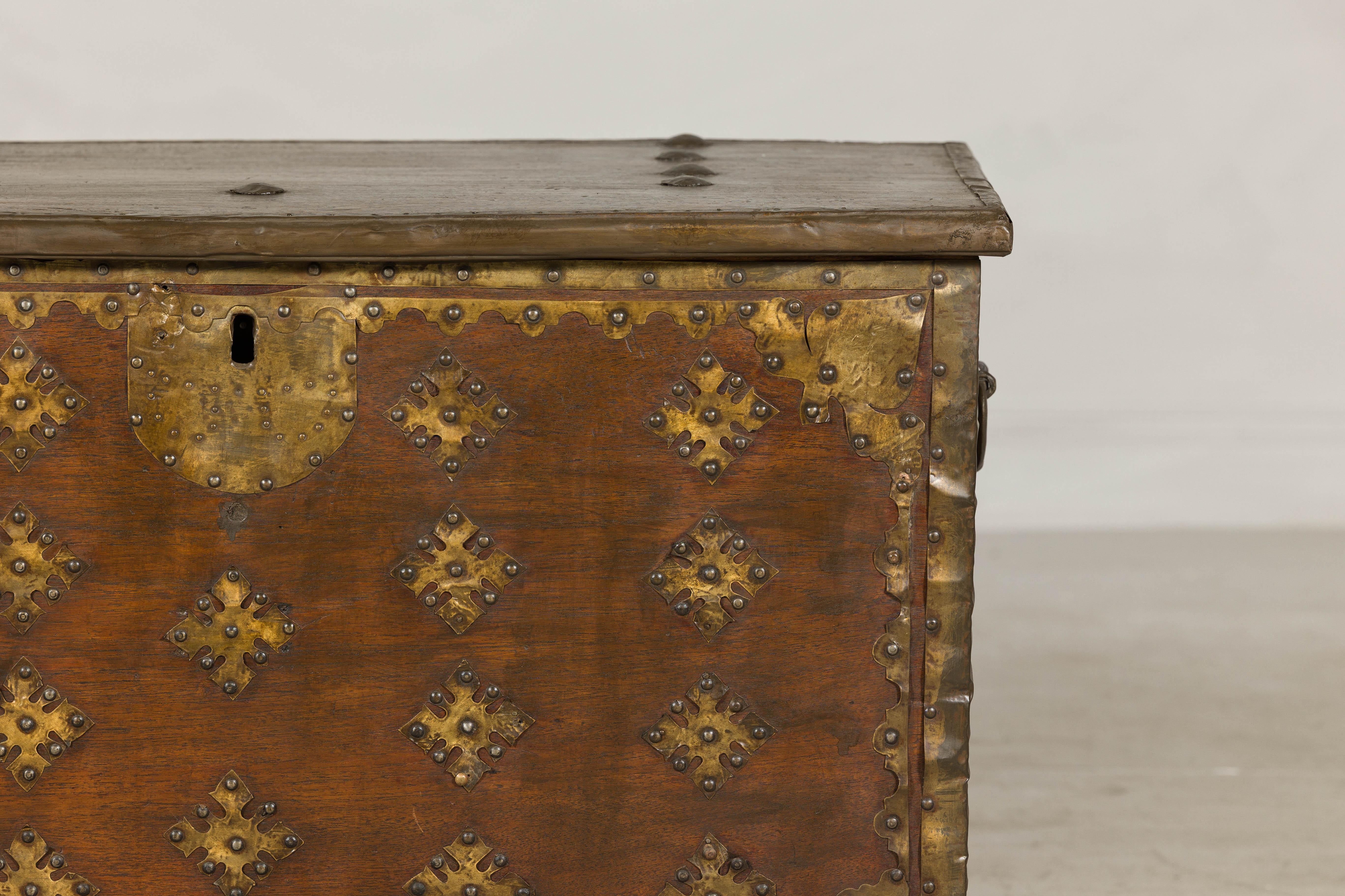 20th Century Antique Wood Trunk with Brass Studded Decoration and Side Handles