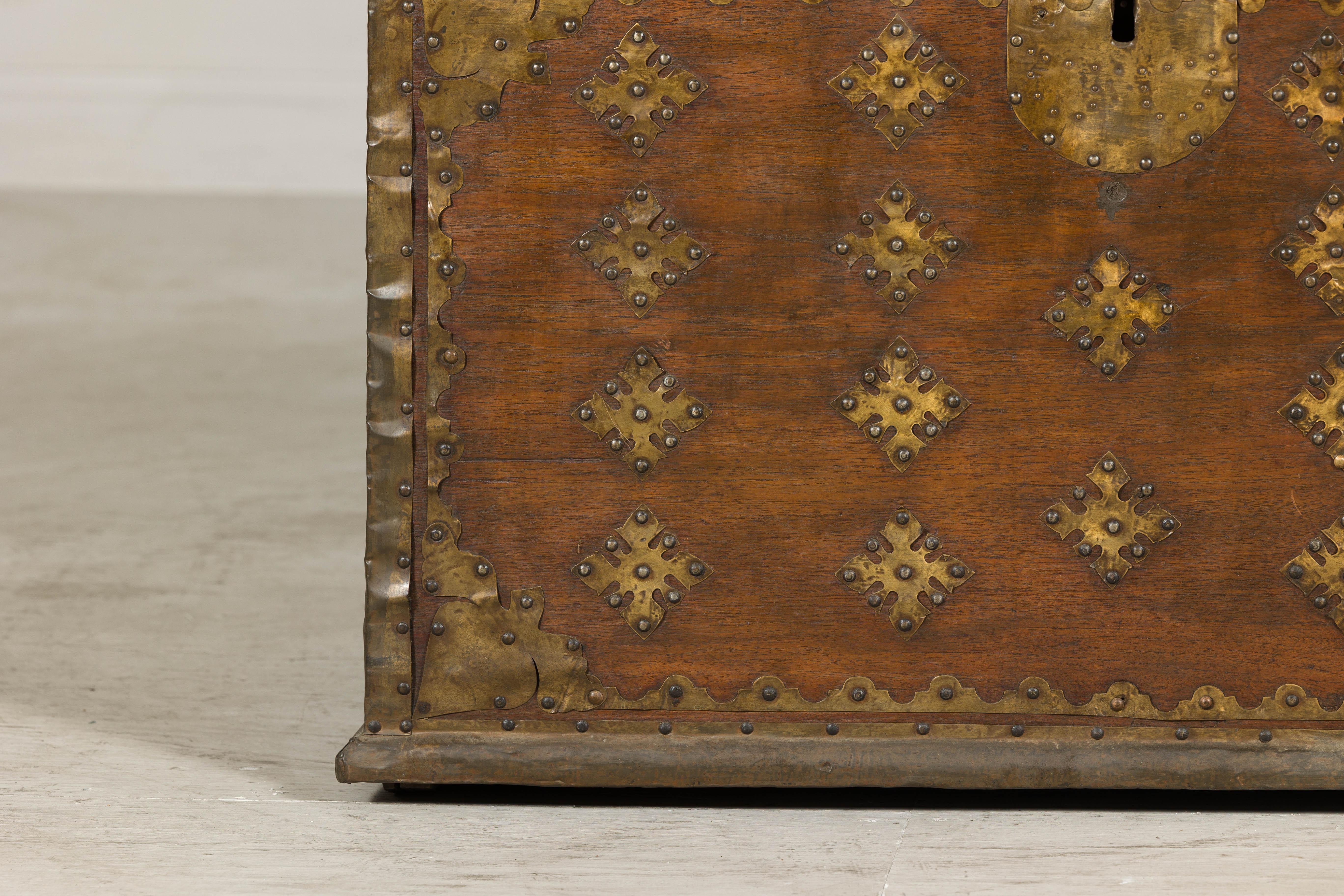 Antique Wood Trunk with Brass Studded Decoration and Side Handles 1