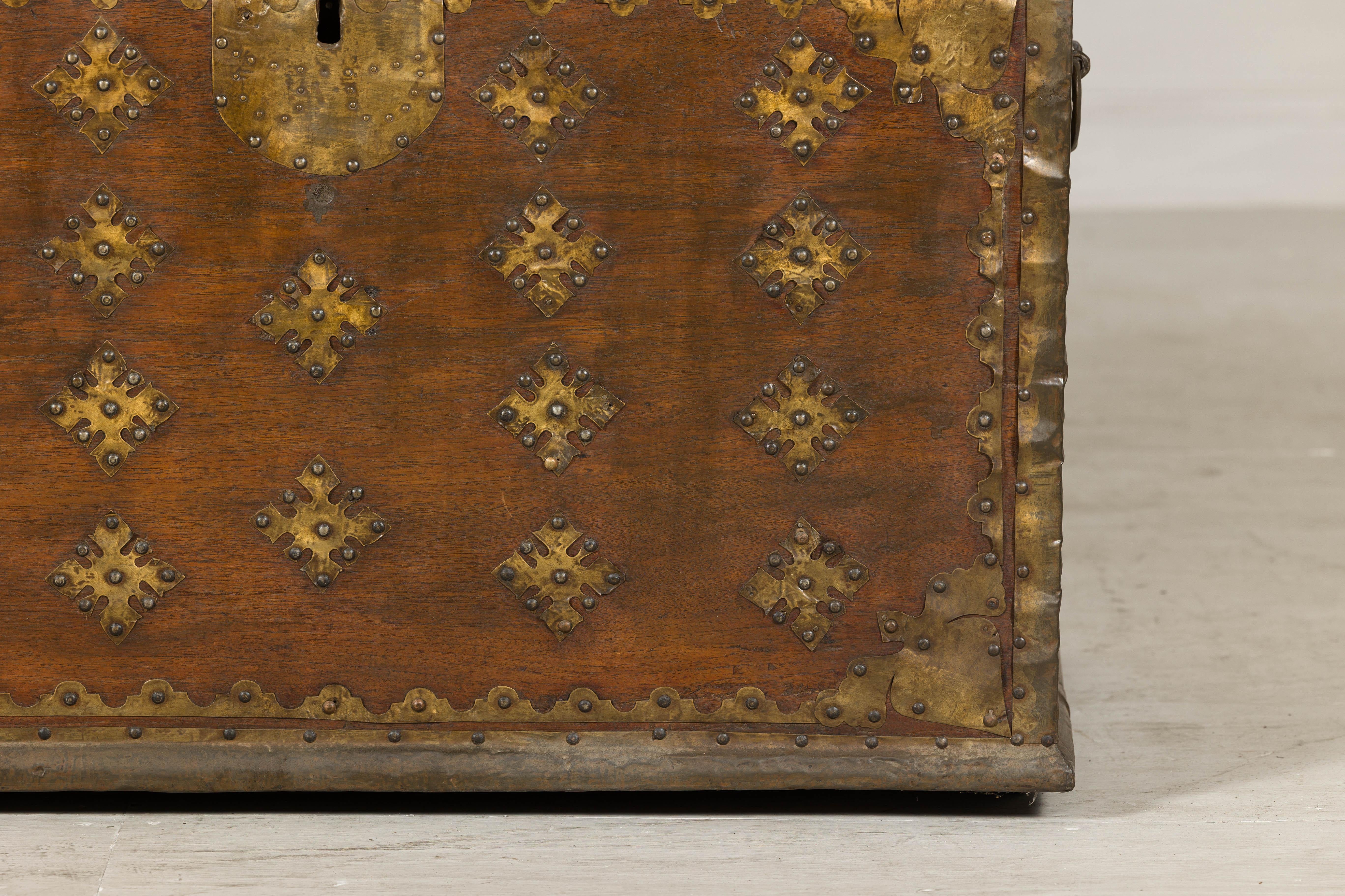 Antique Wood Trunk with Brass Studded Decoration and Side Handles 2