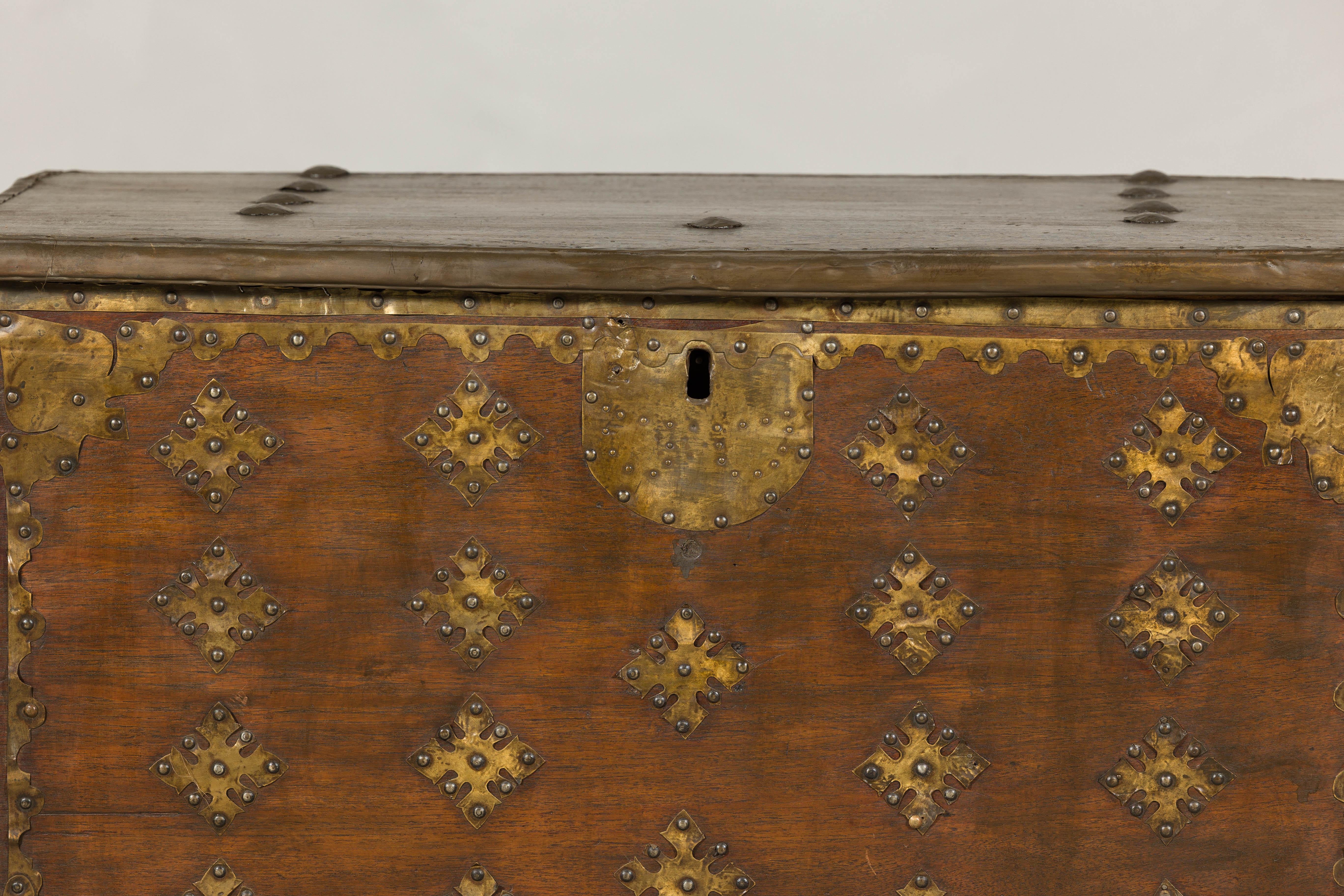 Antique Wood Trunk with Brass Studded Decoration and Side Handles 3
