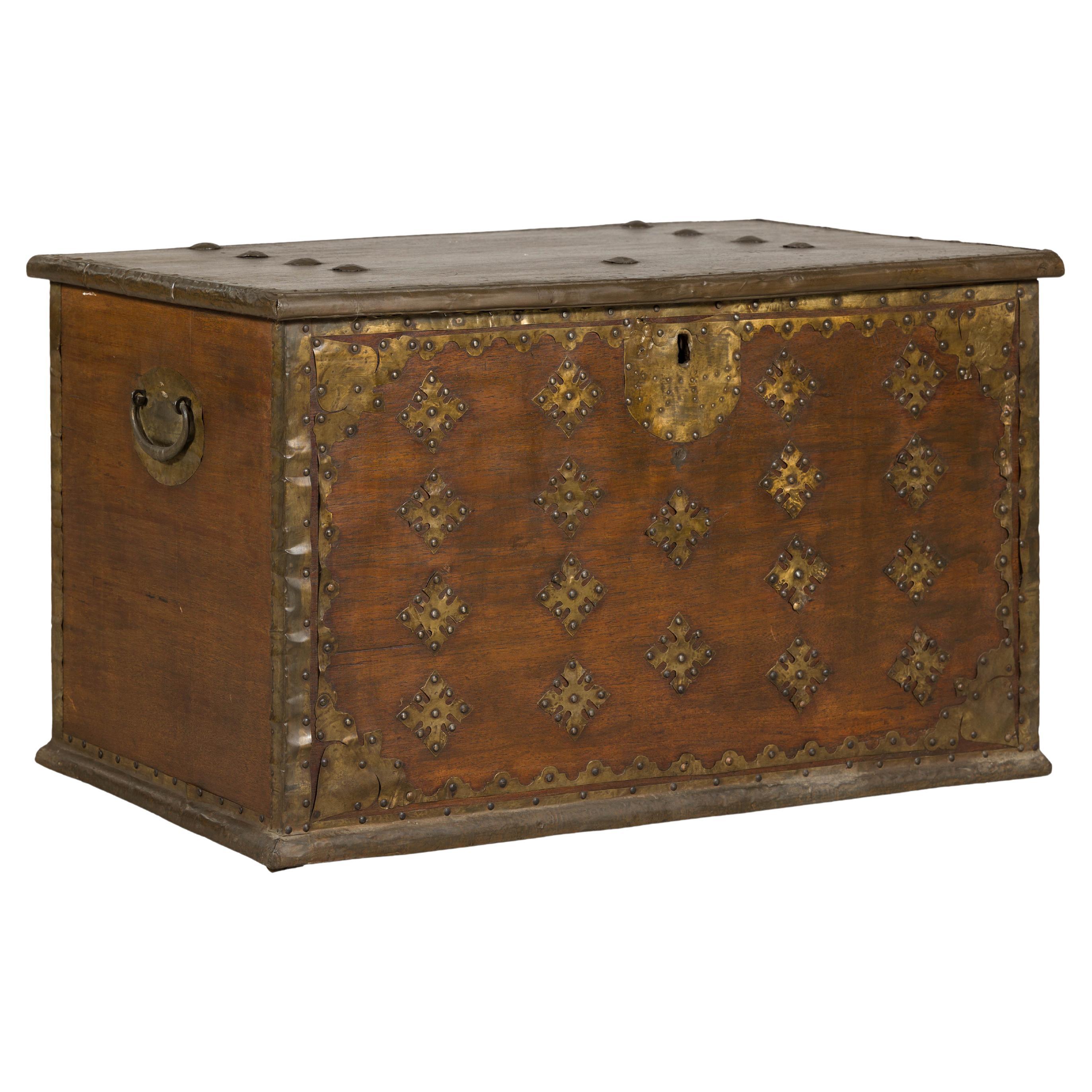Antique Wood Trunk with Brass Studded Decoration and Side Handles