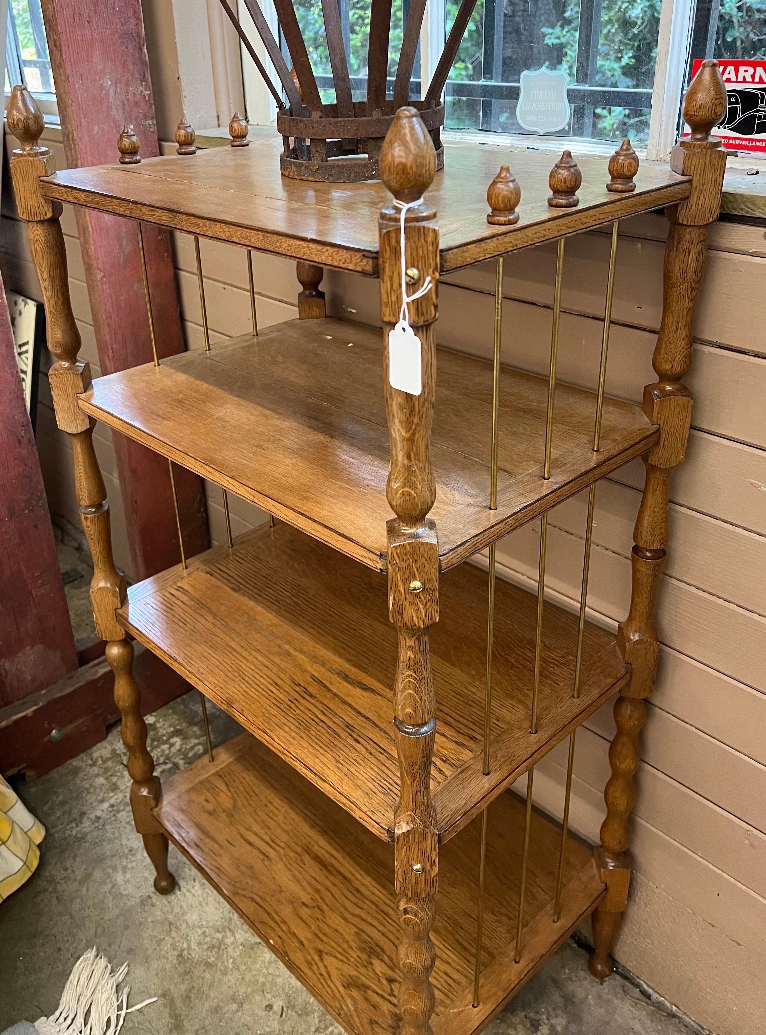 Antique Wood Turned Bookshelf or Bookcase Metal Accents. Fixed Shelves In Good Condition For Sale In Seattle, WA