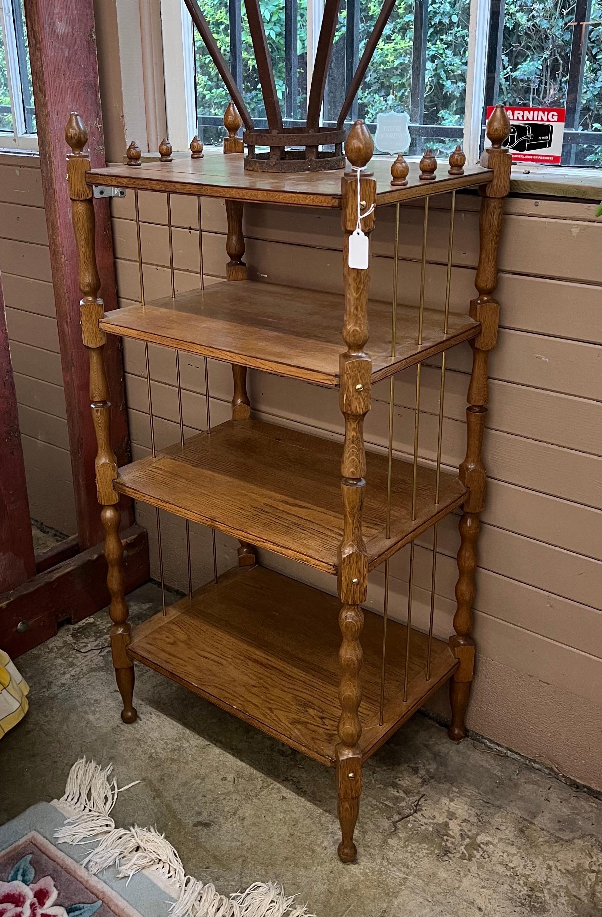 Late 20th Century Antique Wood Turned Bookshelf or Bookcase Metal Accents. Fixed Shelves For Sale