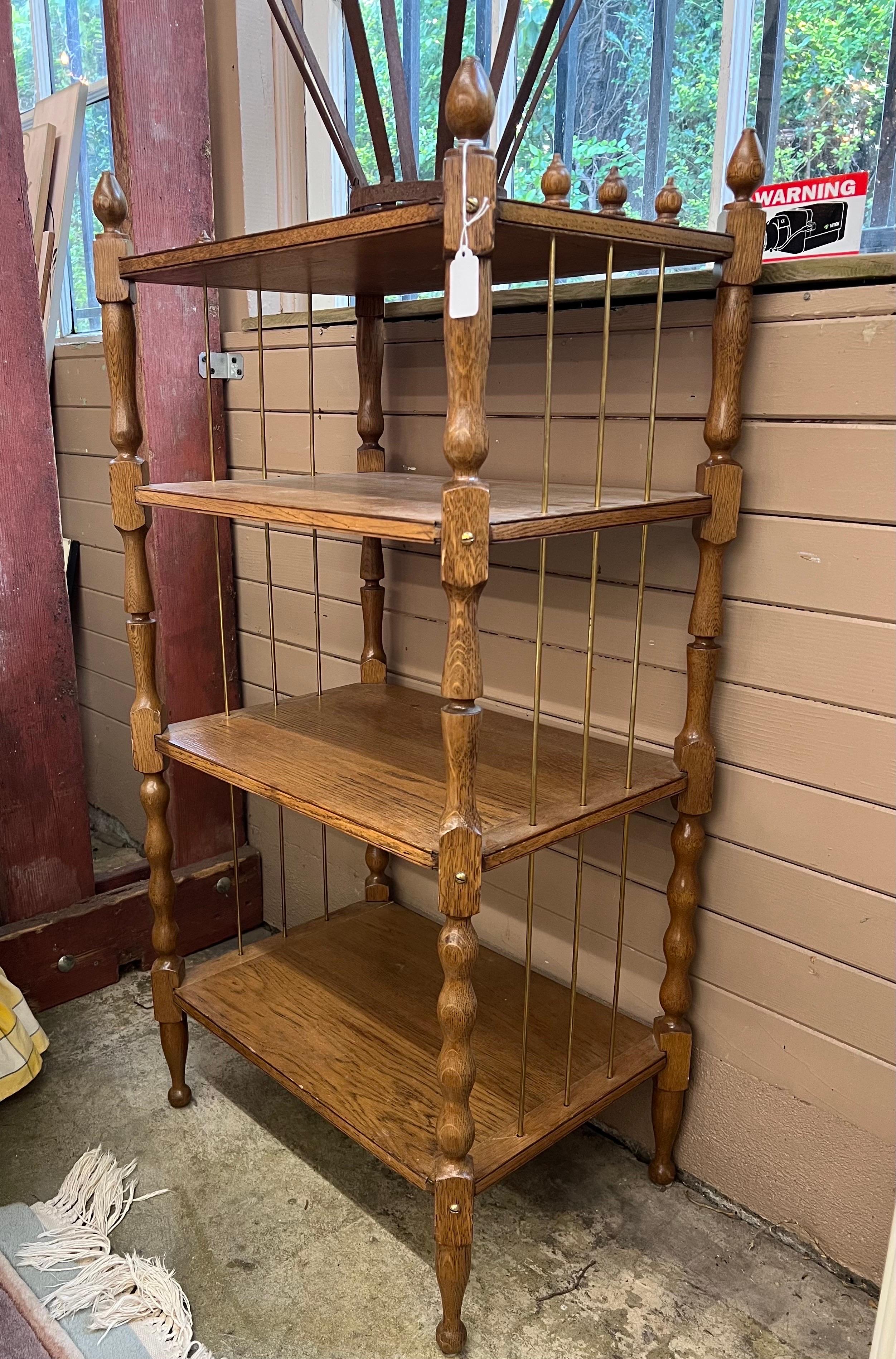 Antique Wood Turned Bookshelf or Bookcase Metal Accents. Fixed Shelves For Sale 1