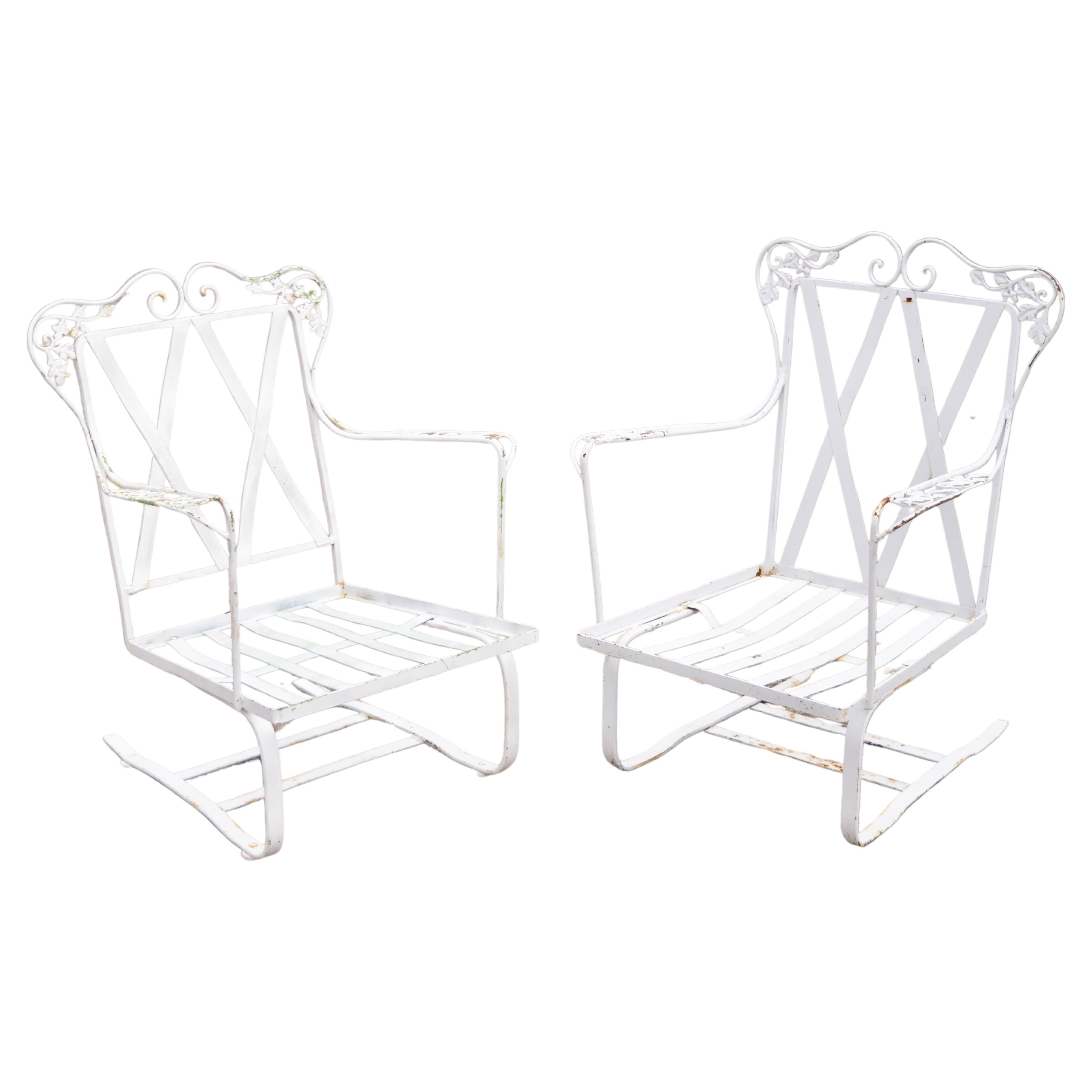 Antique Woodard Chantilly Rose Wrought Iron Patio Bouncer Lounge Chair - a Pair