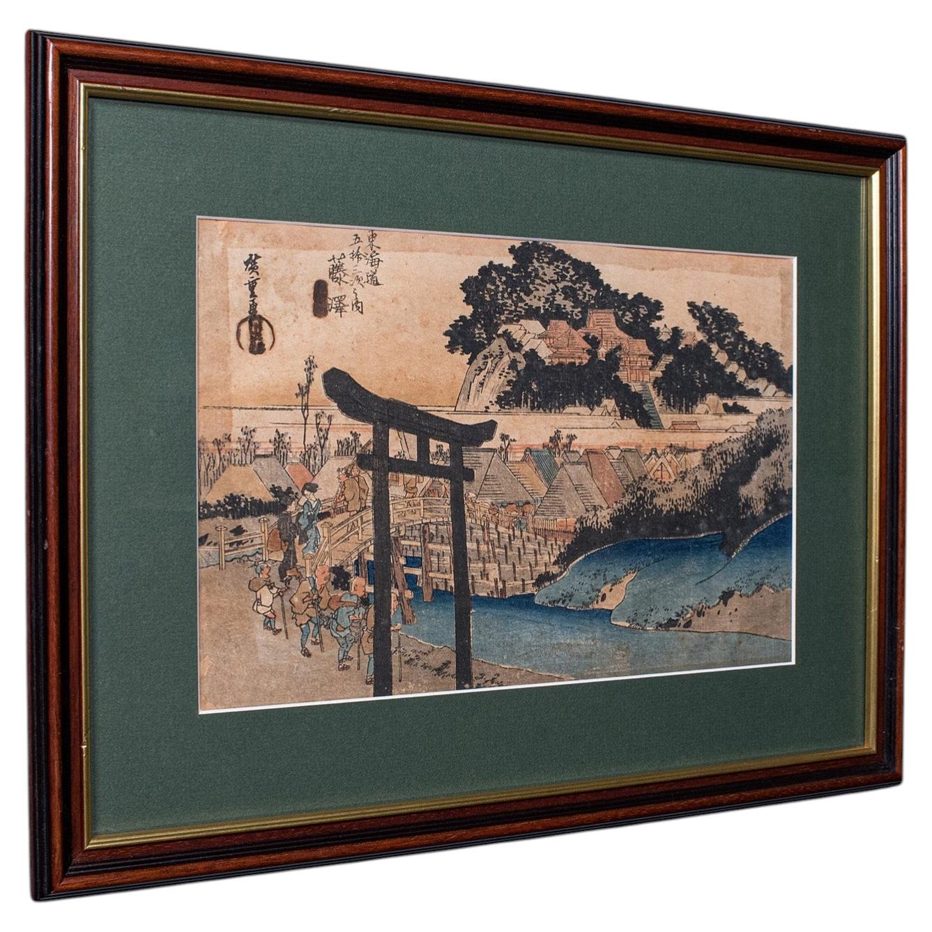 Antique Woodblock Landscape Picture, Japanese Art, Framed, Hiroshige, Victorian
