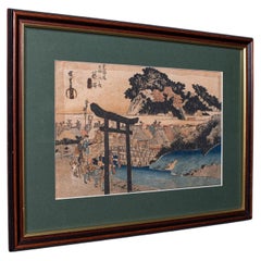 Antique Woodblock Landscape Picture, Japanese Art, Framed, Hiroshige, Victorian
