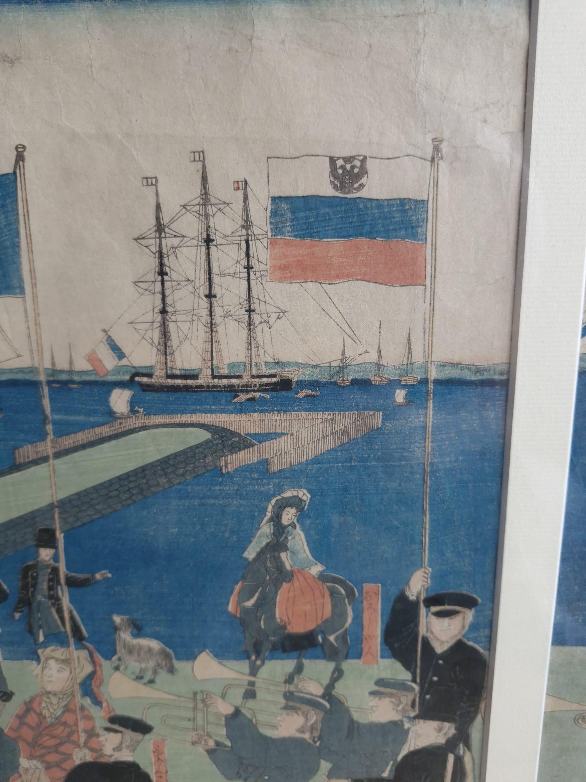 Antiker Holzschnitt von Utagawa Sadahide, Prozession von Menschen aus 5 Ländern im Zustand „Gut“ im Angebot in Amsterdam, Noord Holland