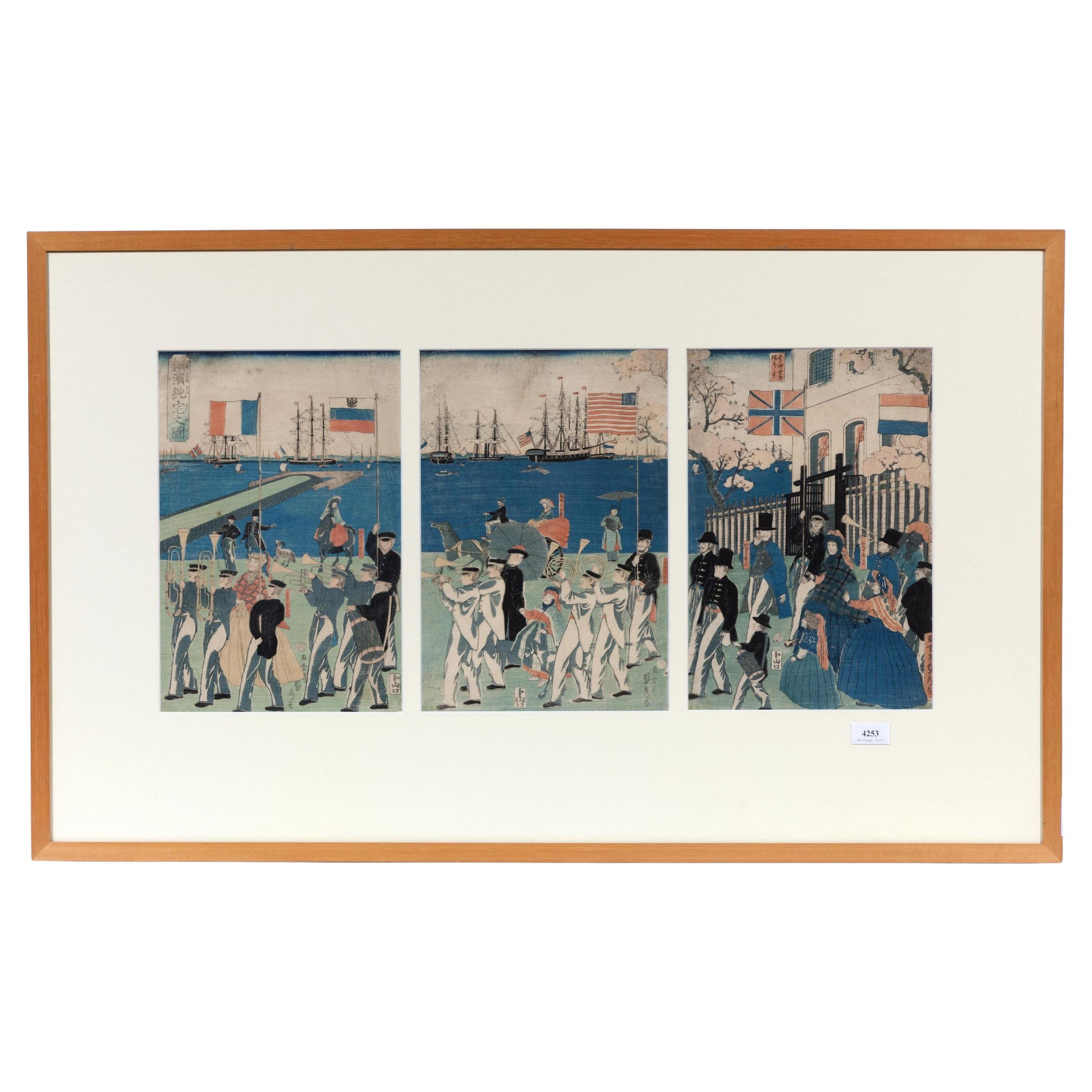 Antique Woodblock Print by Utagawa Sadahide, Procession of People of 5 Countries