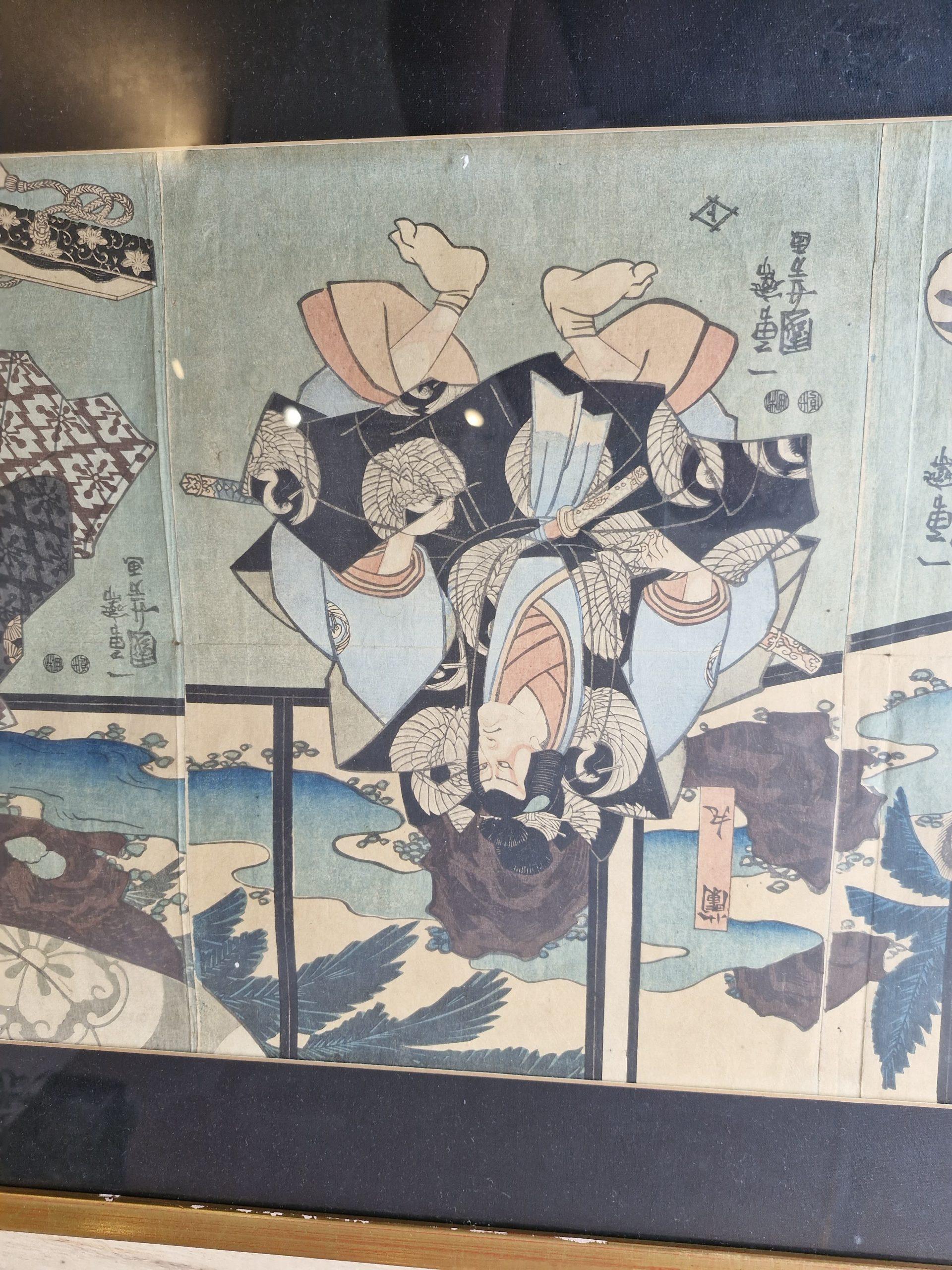 Grabado antiguo en madera Actores Kabuki - Periodo Edo - Utagawa Kuniyoshi Chino en venta