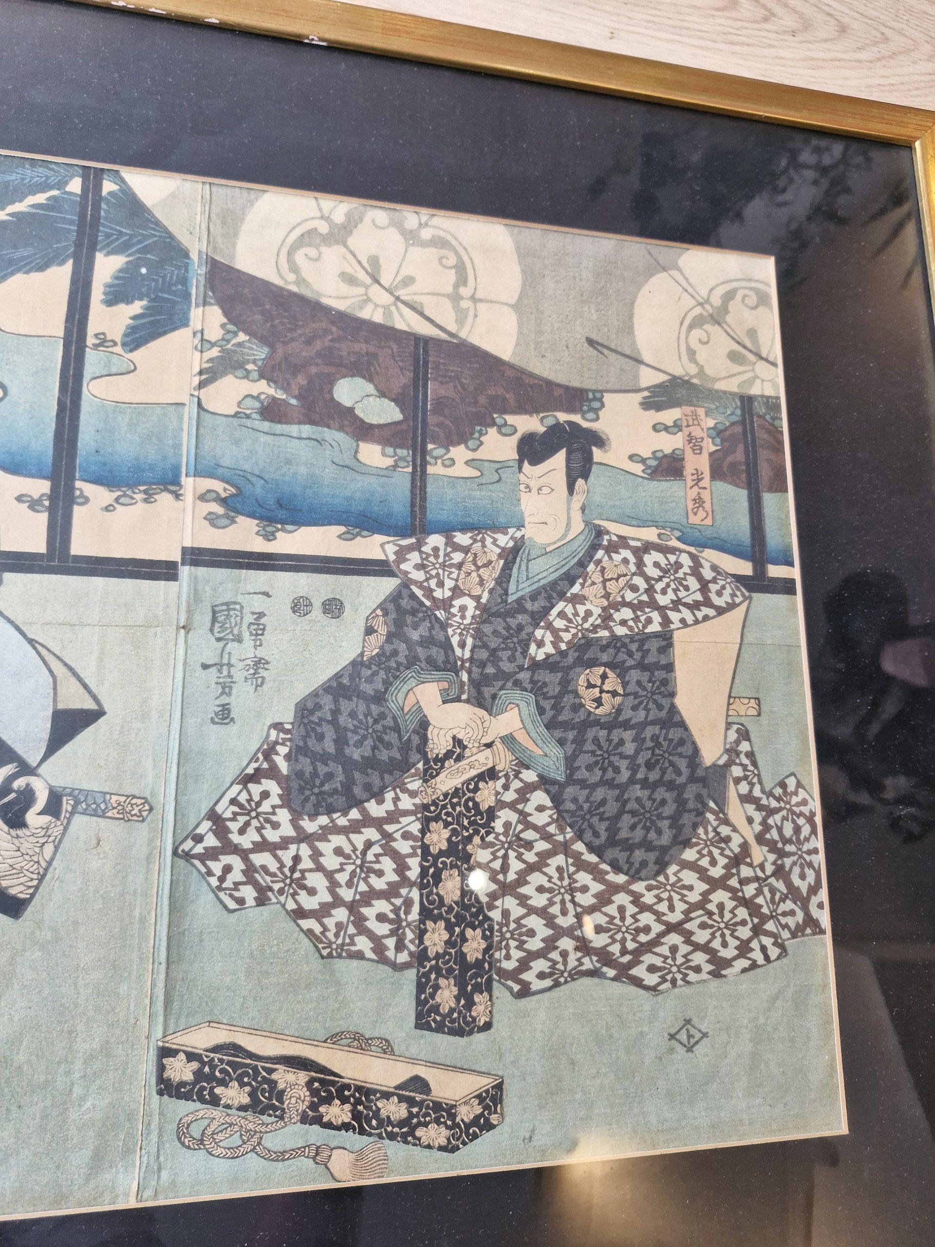Grabado antiguo en madera Actores Kabuki - Periodo Edo - Utagawa Kuniyoshi Cloissoné en venta