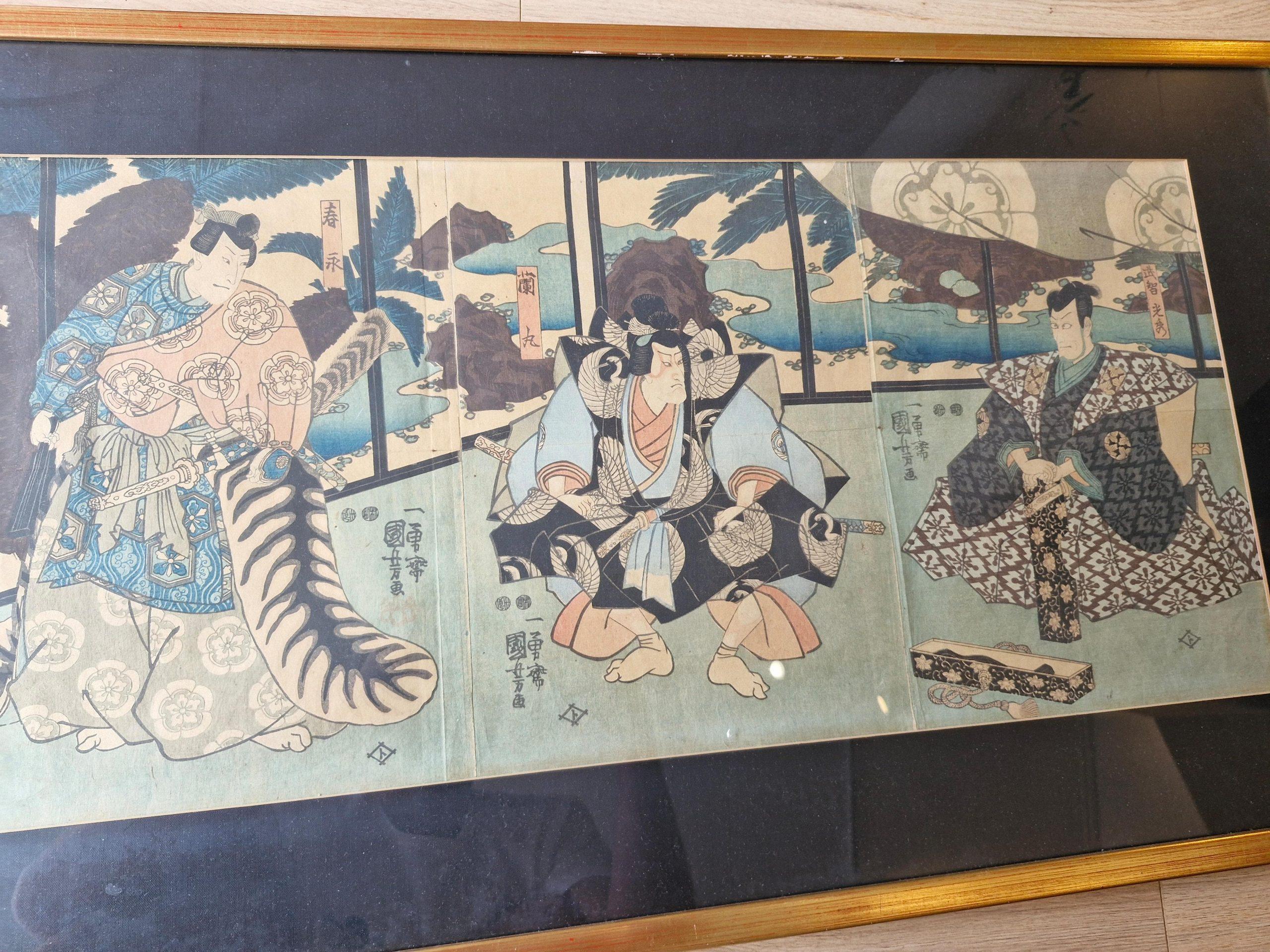 Grabado antiguo en madera Actores Kabuki - Periodo Edo - Utagawa Kuniyoshi en Bueno estado para la venta en Amsterdam, Noord Holland