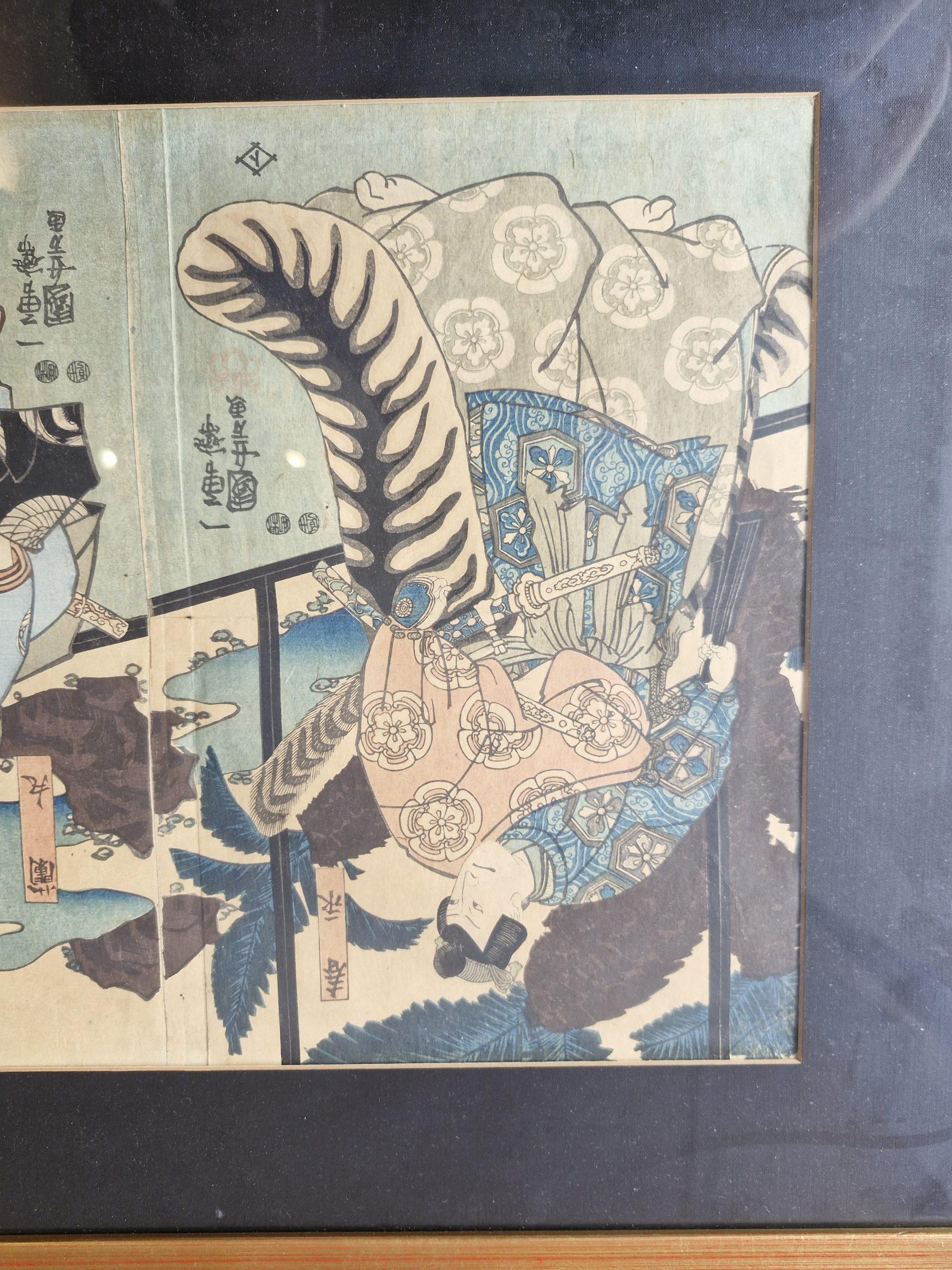 Grabado antiguo en madera Actores Kabuki - Periodo Edo - Utagawa Kuniyoshi siglo XIX en venta