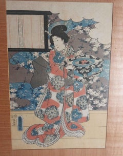 Antique Woodblock Print Ukiyo-e Kunisada UTAGAWA (1786-1865) - Geisha with Pa..