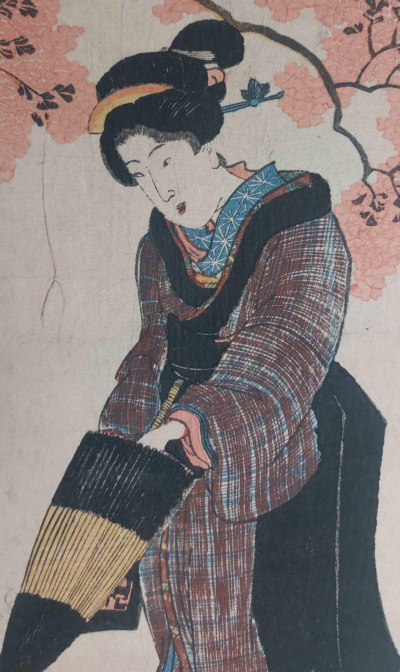 Meiji Antique Woodblock Print Ukiyo-e Kunisada UTAGAWA (1786-1865) - Geisha with Pa.