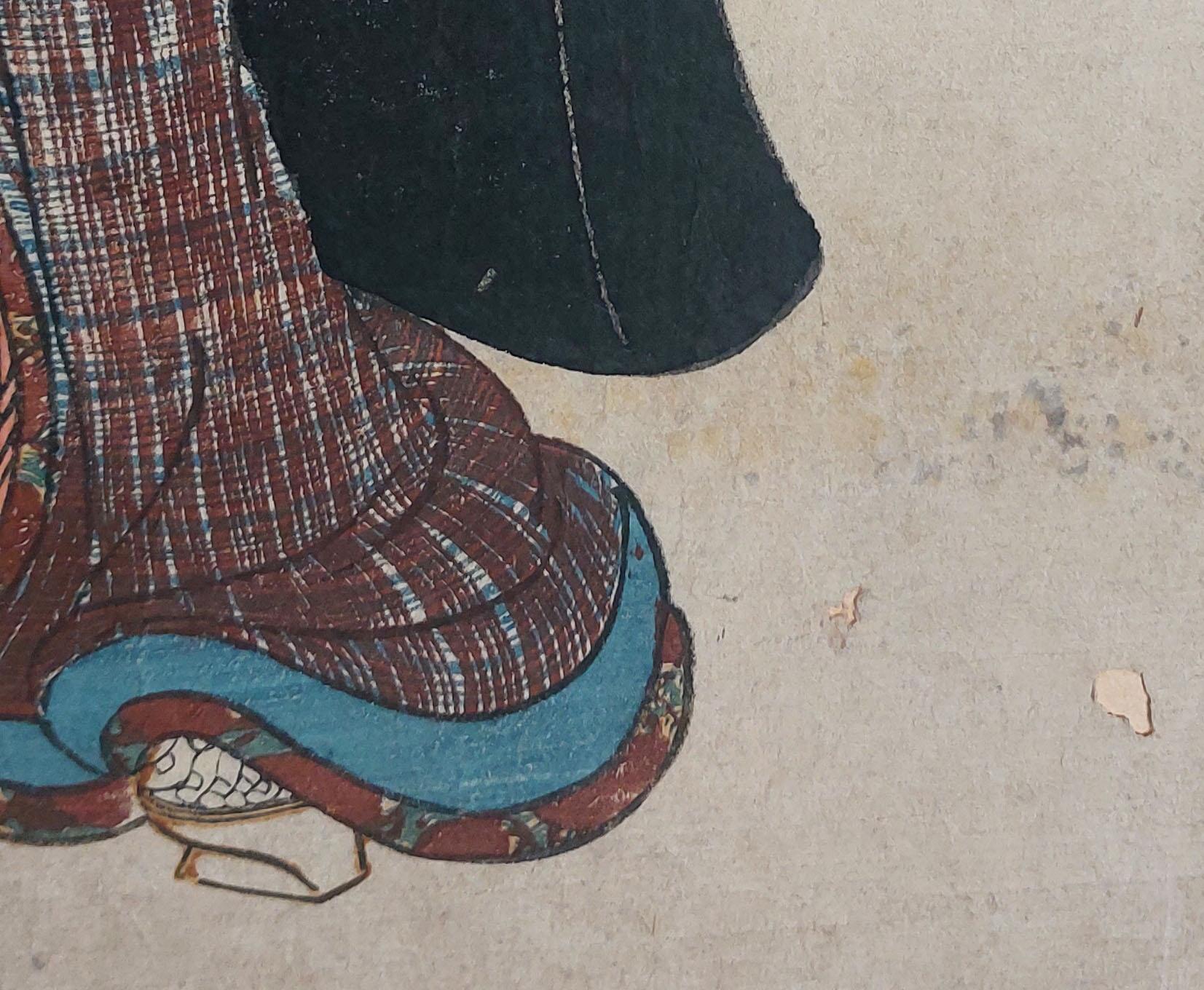 Cloissoné Antique Woodblock Print Ukiyo-e Kunisada UTAGAWA (1786-1865) - Geisha with Pa.