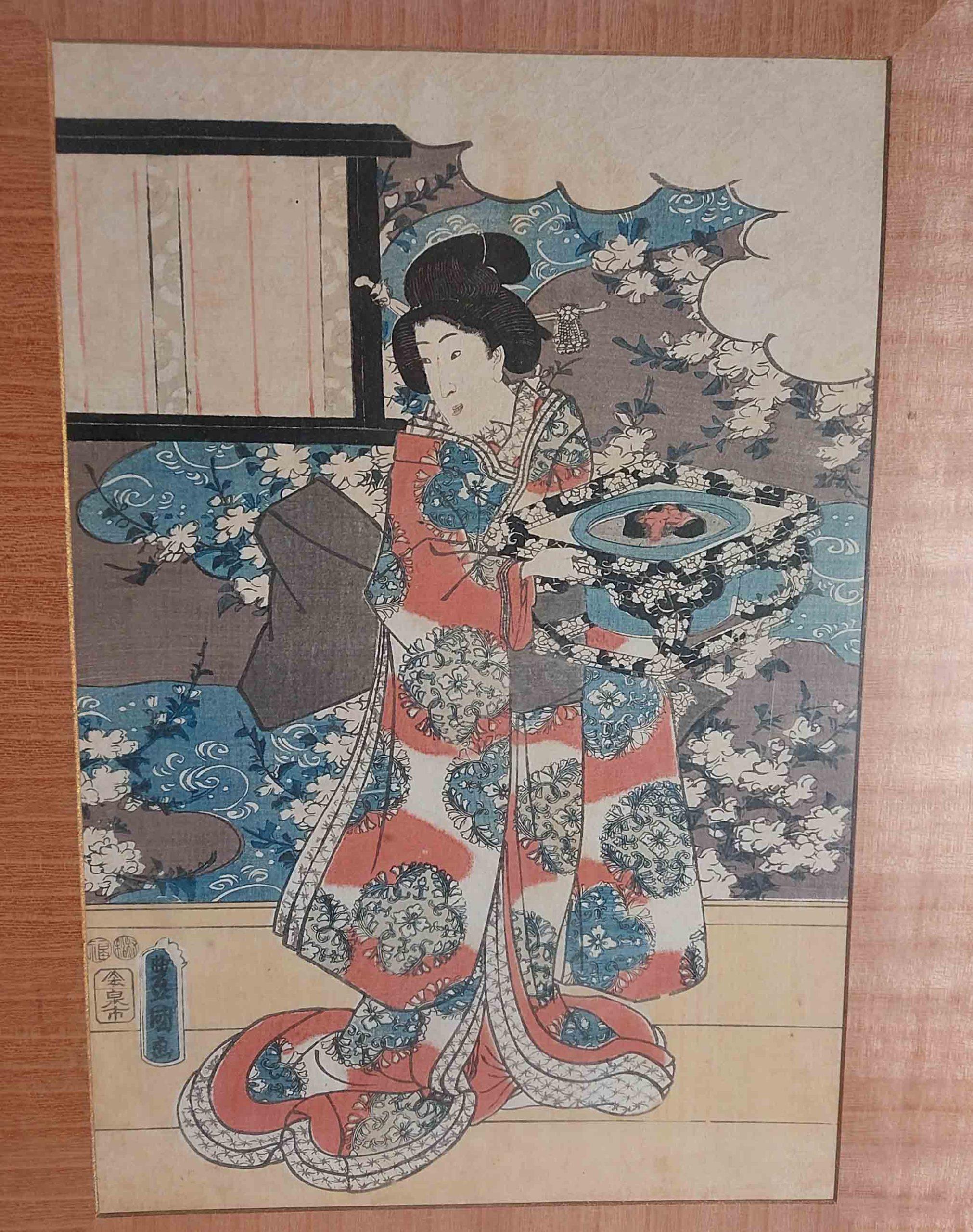Cloisonné Stampa antica su legno Ukiyo-e Kunisada UTAGAWA (1786-1865) - Geisha con Pa... in vendita