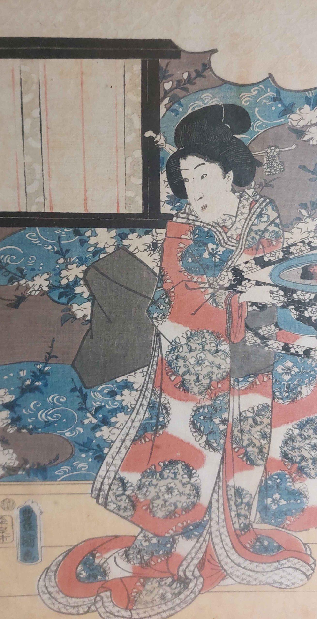 Stampa antica su legno Ukiyo-e Kunisada UTAGAWA (1786-1865) - Geisha con Pa... In condizioni buone in vendita a Amsterdam, Noord Holland
