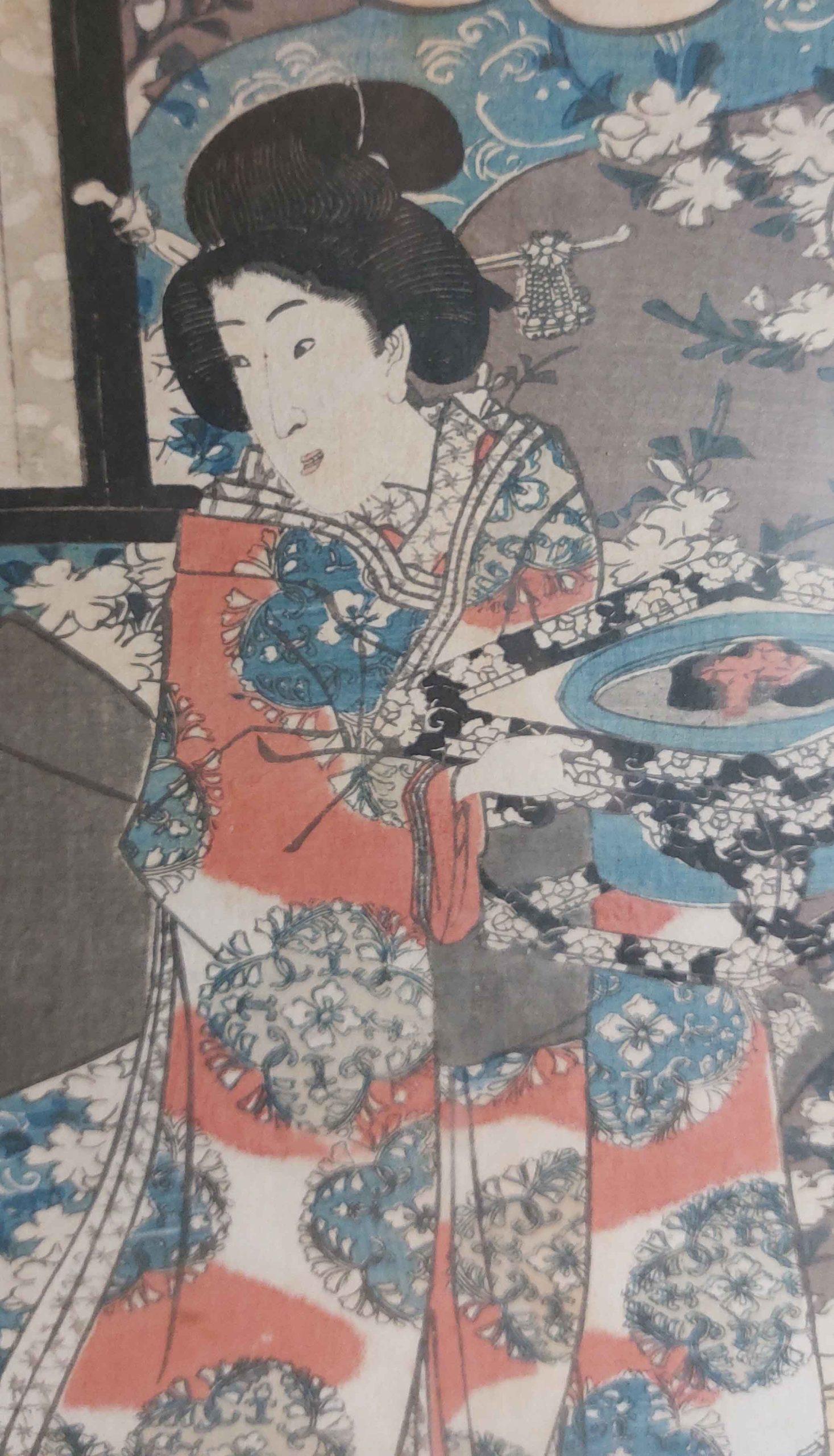 XIX secolo Stampa antica su legno Ukiyo-e Kunisada UTAGAWA (1786-1865) - Geisha con Pa... in vendita