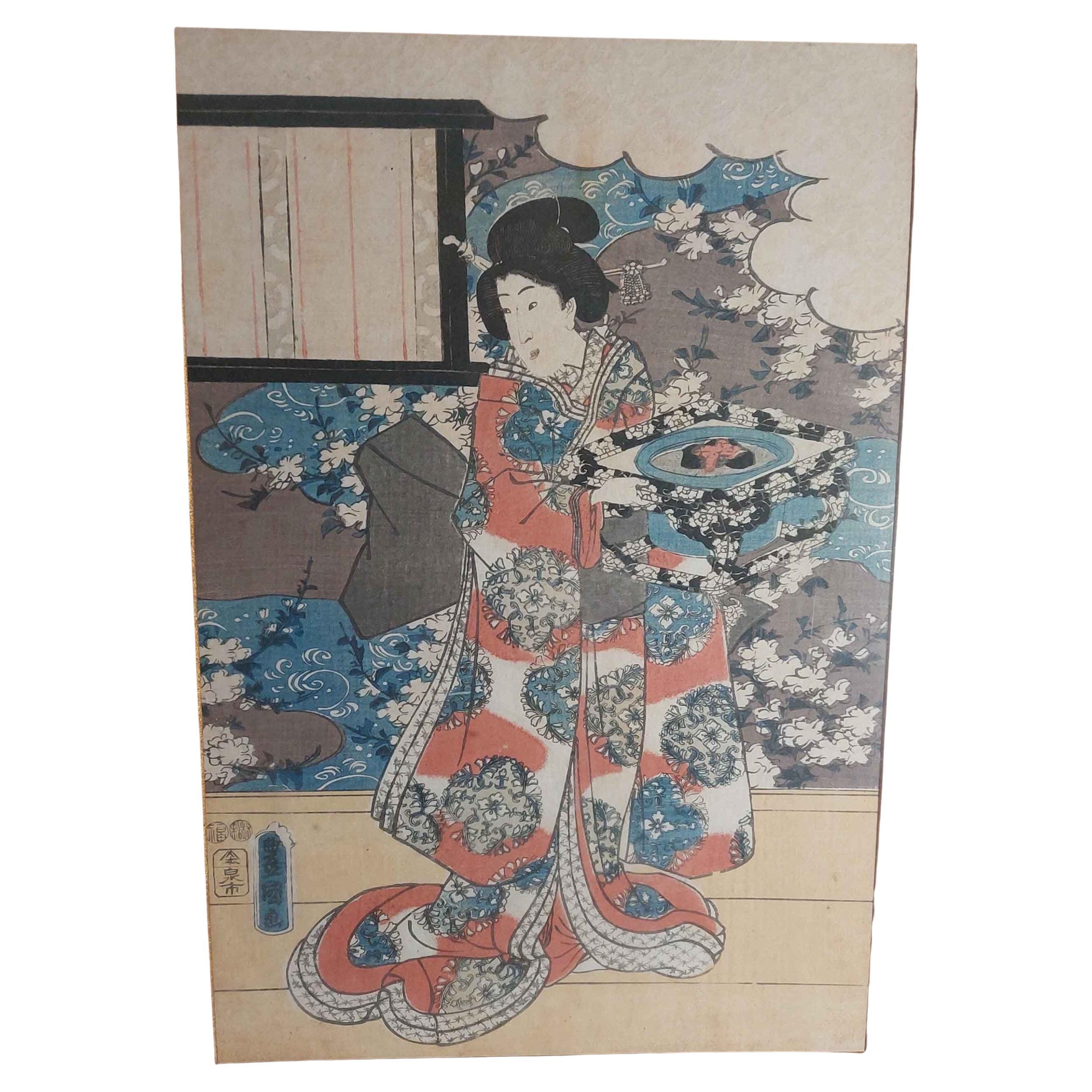Stampa antica su legno Ukiyo-e Kunisada UTAGAWA (1786-1865) - Geisha con Pa...