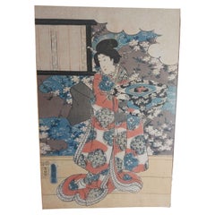 Ancienne gravure sur bois Ukiyo-e Kunisada UTAGAWA (1786-1865) - Geisha avec Pa.