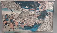 Antigua xilografía Ukiyo-e Utagawa Kuniyoshi El príncipe Shôtoku ataca a Mo