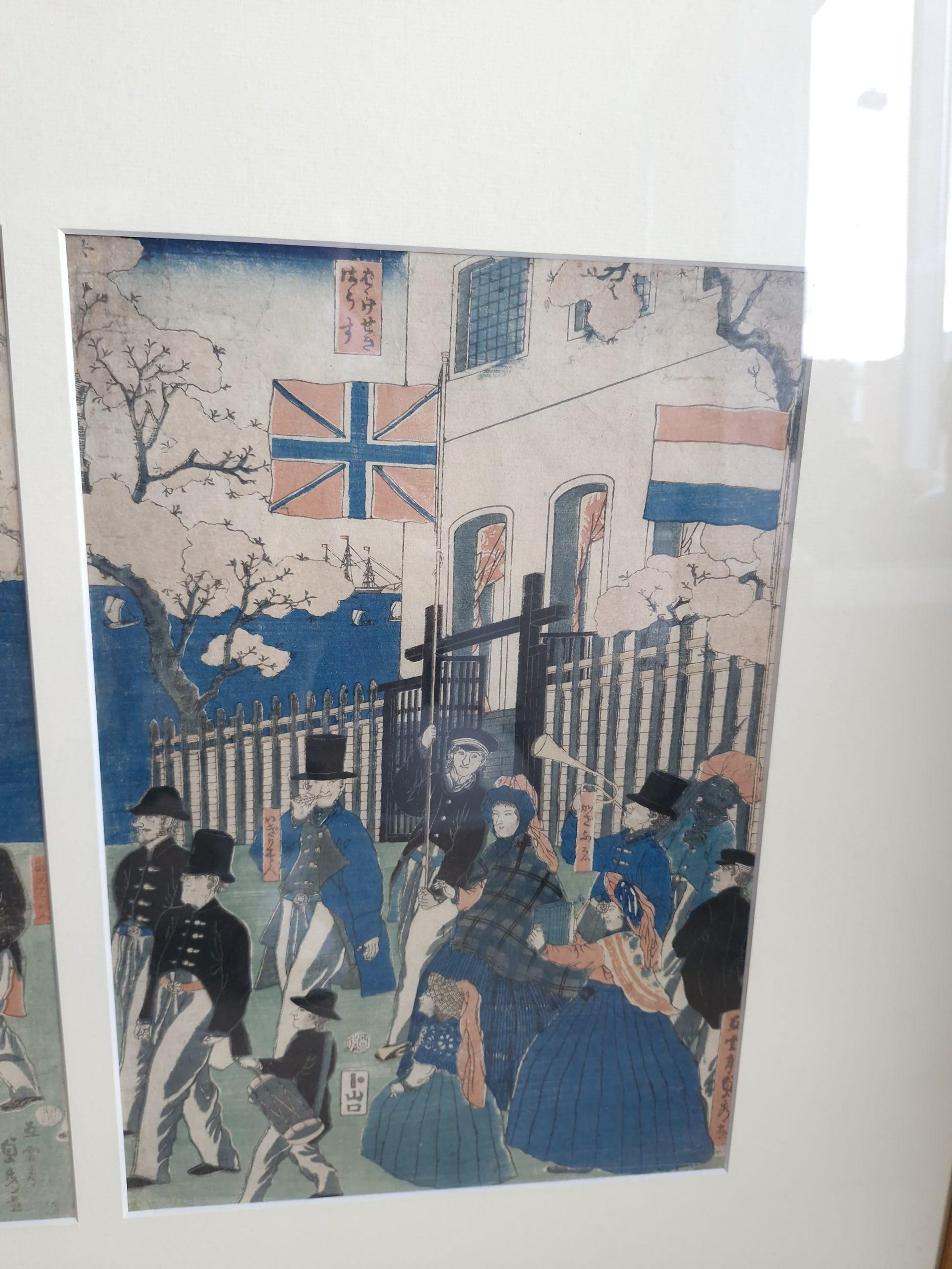 Stampa antica su blocco di legno Utagawa Sadahide (giapponese, 1807 - 1873 circa). Processione In condizioni buone in vendita a Amsterdam, Noord Holland