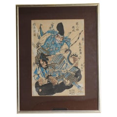Antiker Holzschnitt mit Holzschnitt, Yorimasa Tadasuni tötet ein Monster, 1850