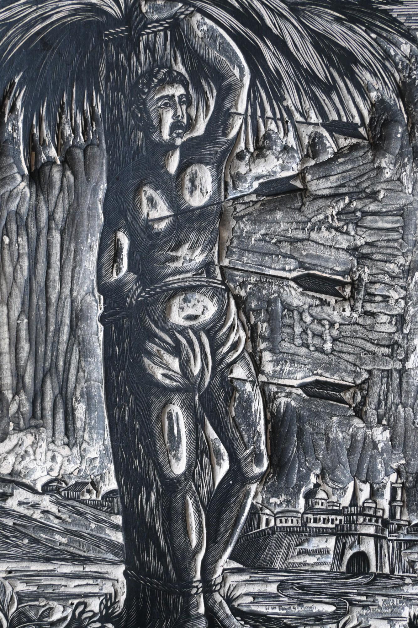 Austriaco Antico piatto da stampa su legno - San Sebastiano (1690-1750 circa) in vendita
