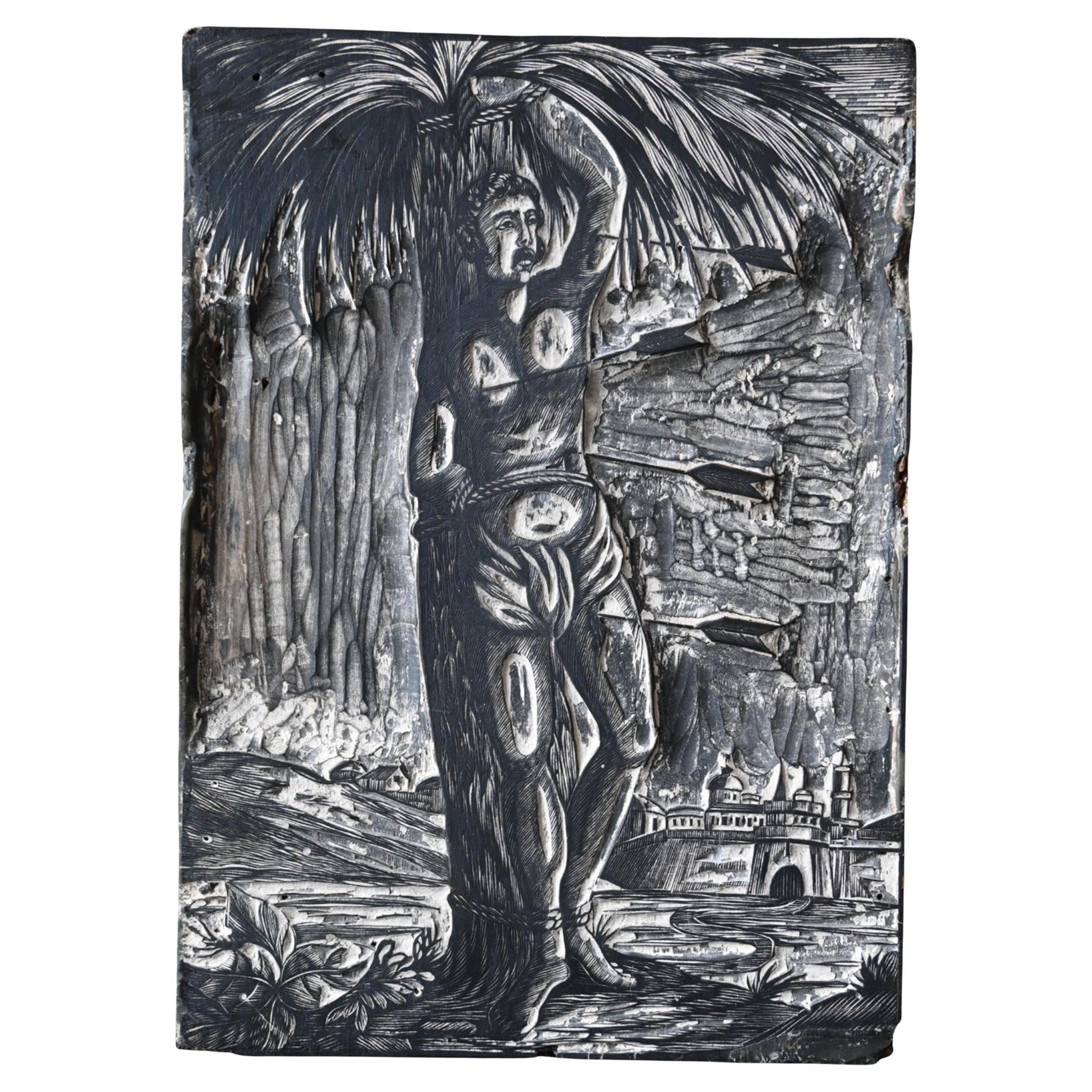 Antico piatto da stampa su legno - San Sebastiano (1690-1750 circa) in vendita