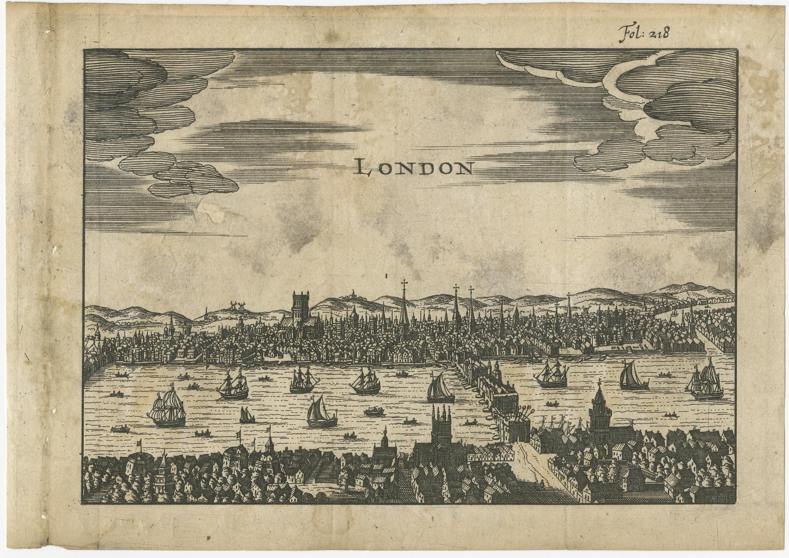 Vue ancienne de Londres gravée sur bois - Panorama de la Tamise avec le London Bridge, c.1650s

Cette étonnante gravure sur bois ancienne présente une vue panoramique de Londres le long de la Tamise, datant du milieu du XVIIe siècle. La scène est