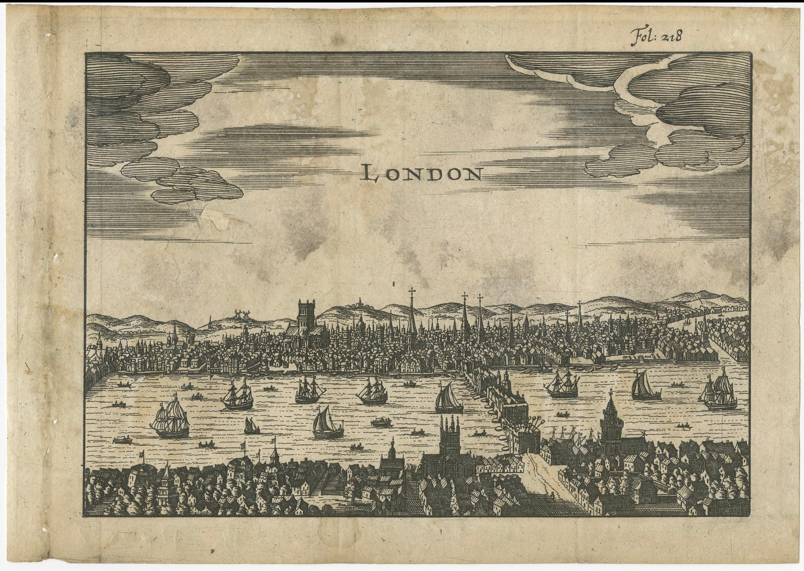 Européen Vue ancienne de Londres gravée sur bois - Panorama de la Tamise avec le London Bridge, vers 1650 en vente