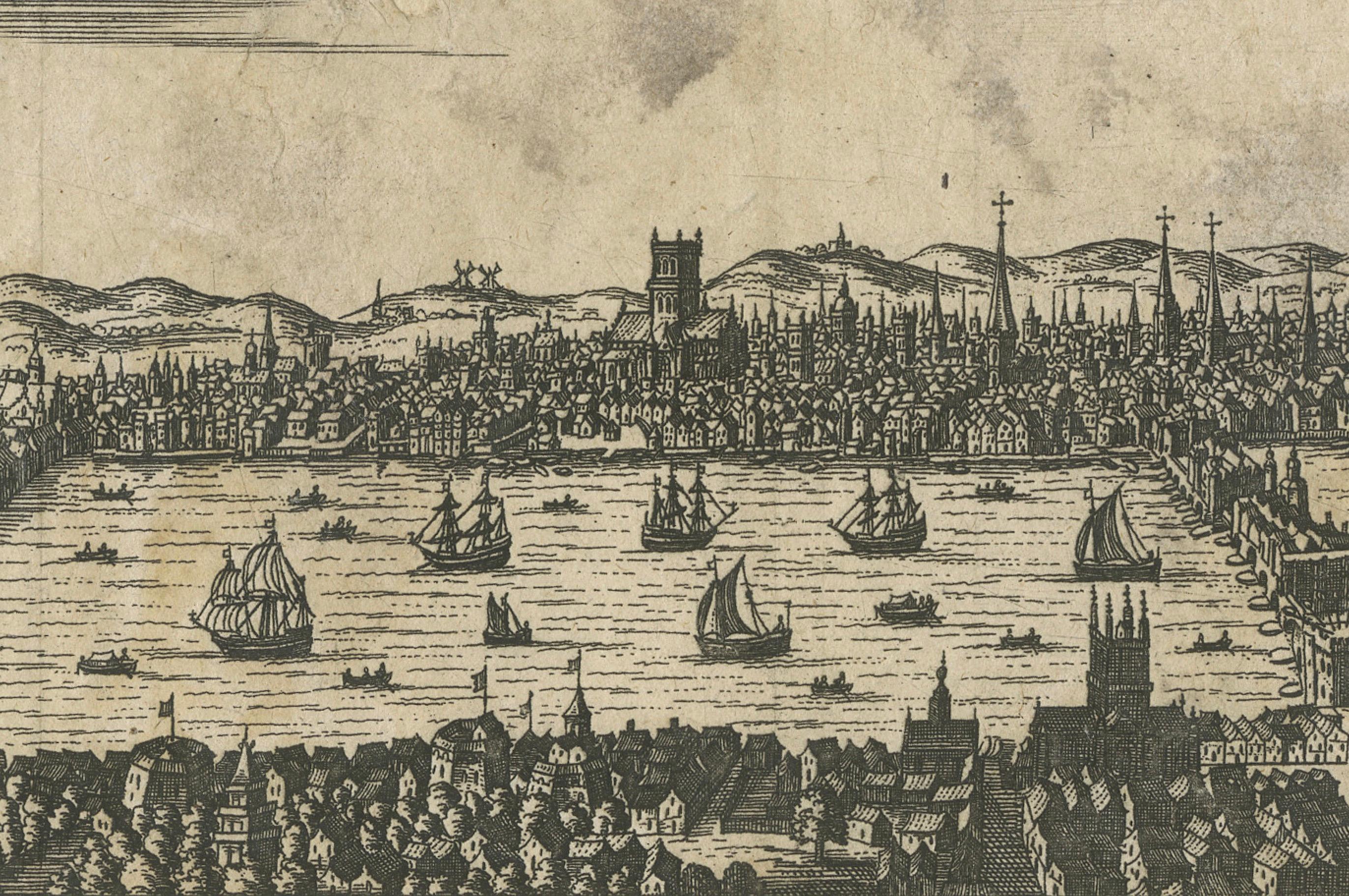 Gravé Vue ancienne de Londres gravée sur bois - Panorama de la Tamise avec le London Bridge, vers 1650 en vente