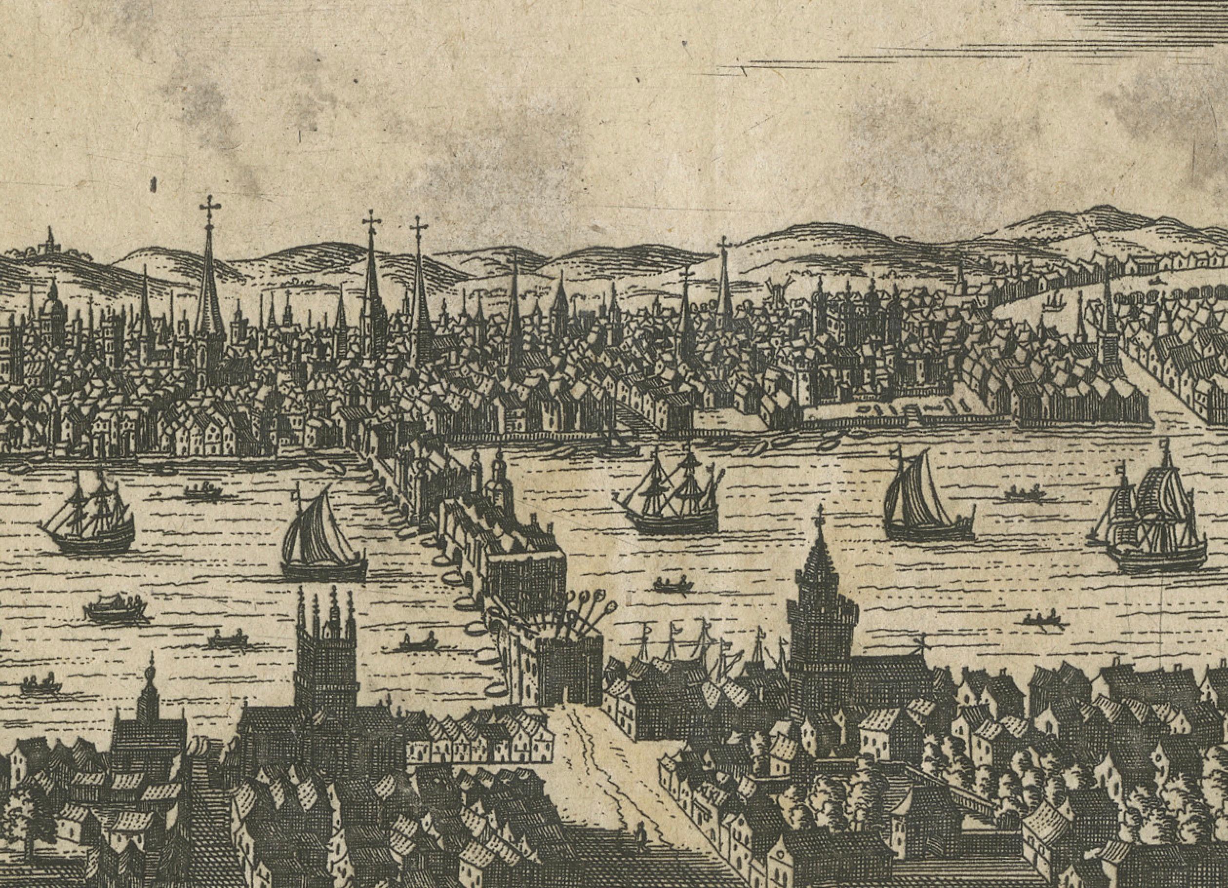 Vue ancienne de Londres gravée sur bois - Panorama de la Tamise avec le London Bridge, vers 1650 État moyen - En vente à Langweer, NL