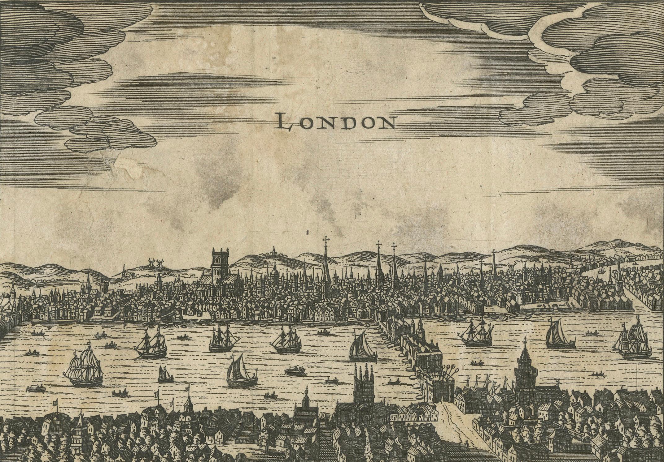 17ème siècle Vue ancienne de Londres gravée sur bois - Panorama de la Tamise avec le London Bridge, vers 1650 en vente