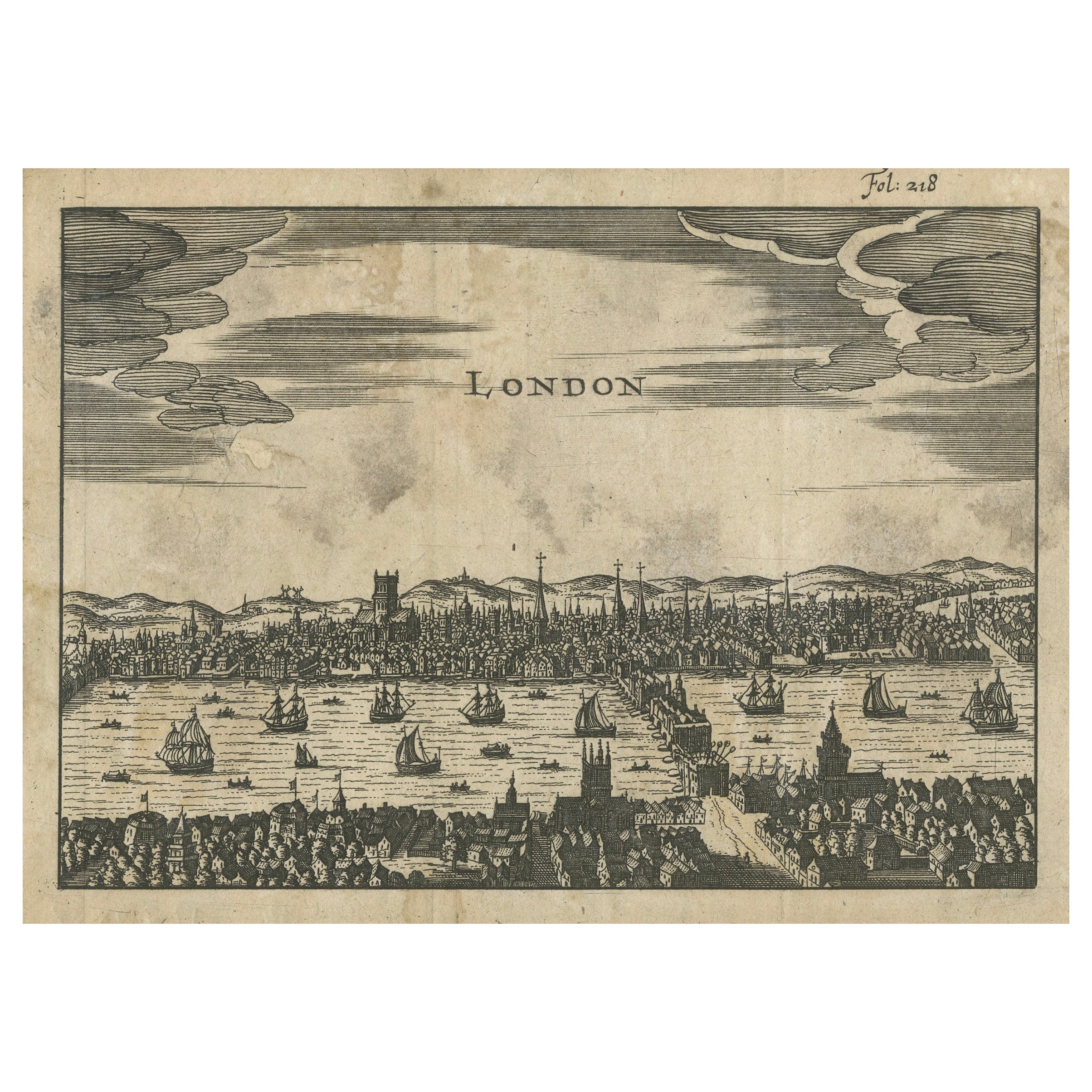 Vue ancienne de Londres gravée sur bois - Panorama de la Tamise avec le London Bridge, vers 1650 en vente