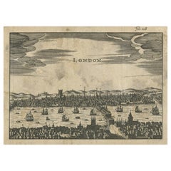 Antique Woodcut View of London – Thames River Panorama with London Bridge, c1650