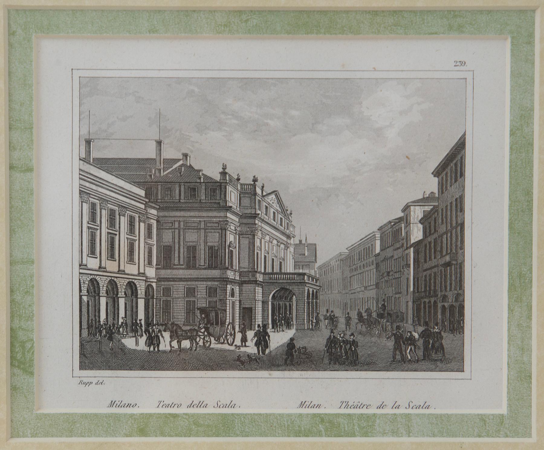 Gravure sur bois ancienne (xylographie) représentant le Teatro della Scala à Milan Bon état - En vente à Milano, IT