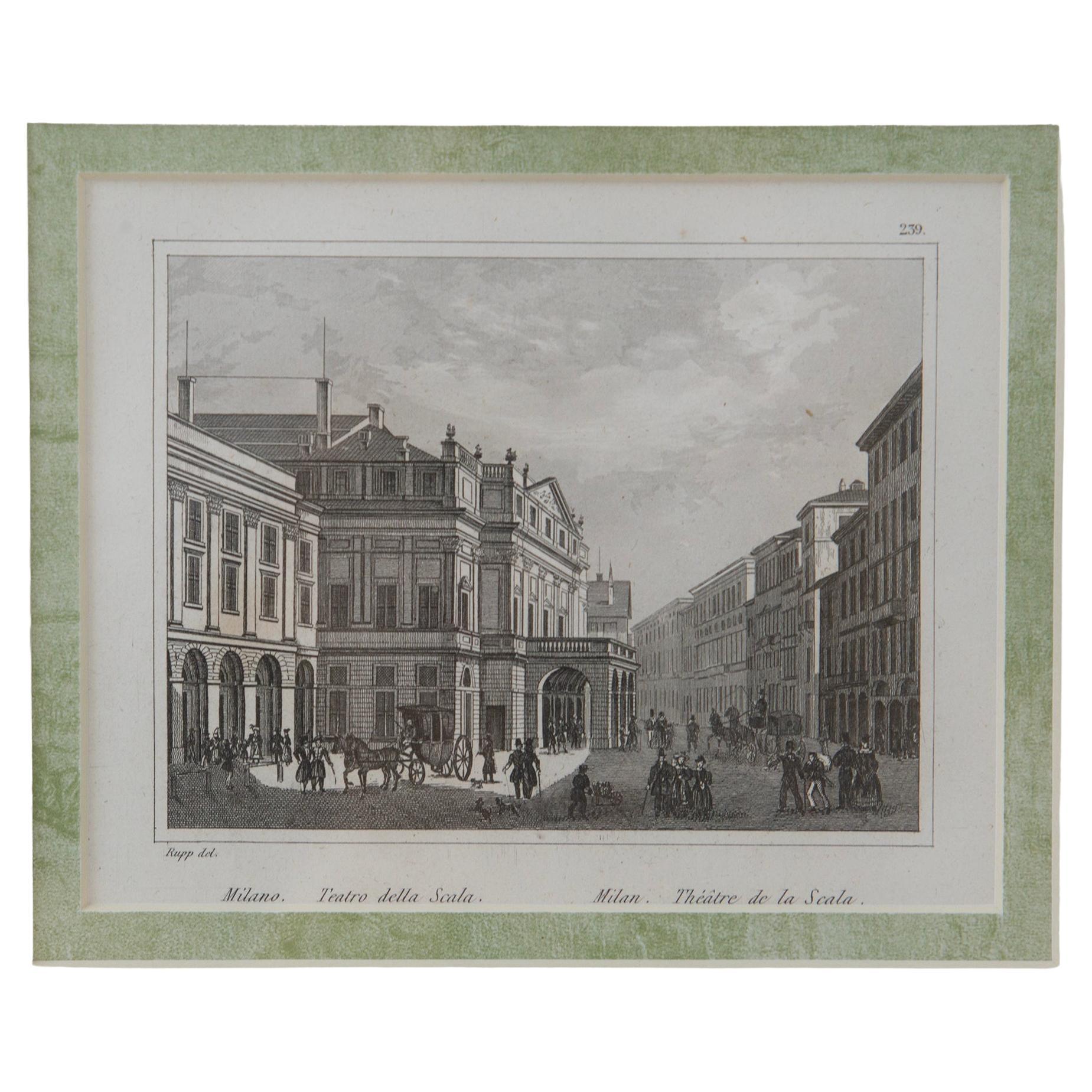 Gravure sur bois ancienne (xylographie) représentant le Teatro della Scala à Milan en vente