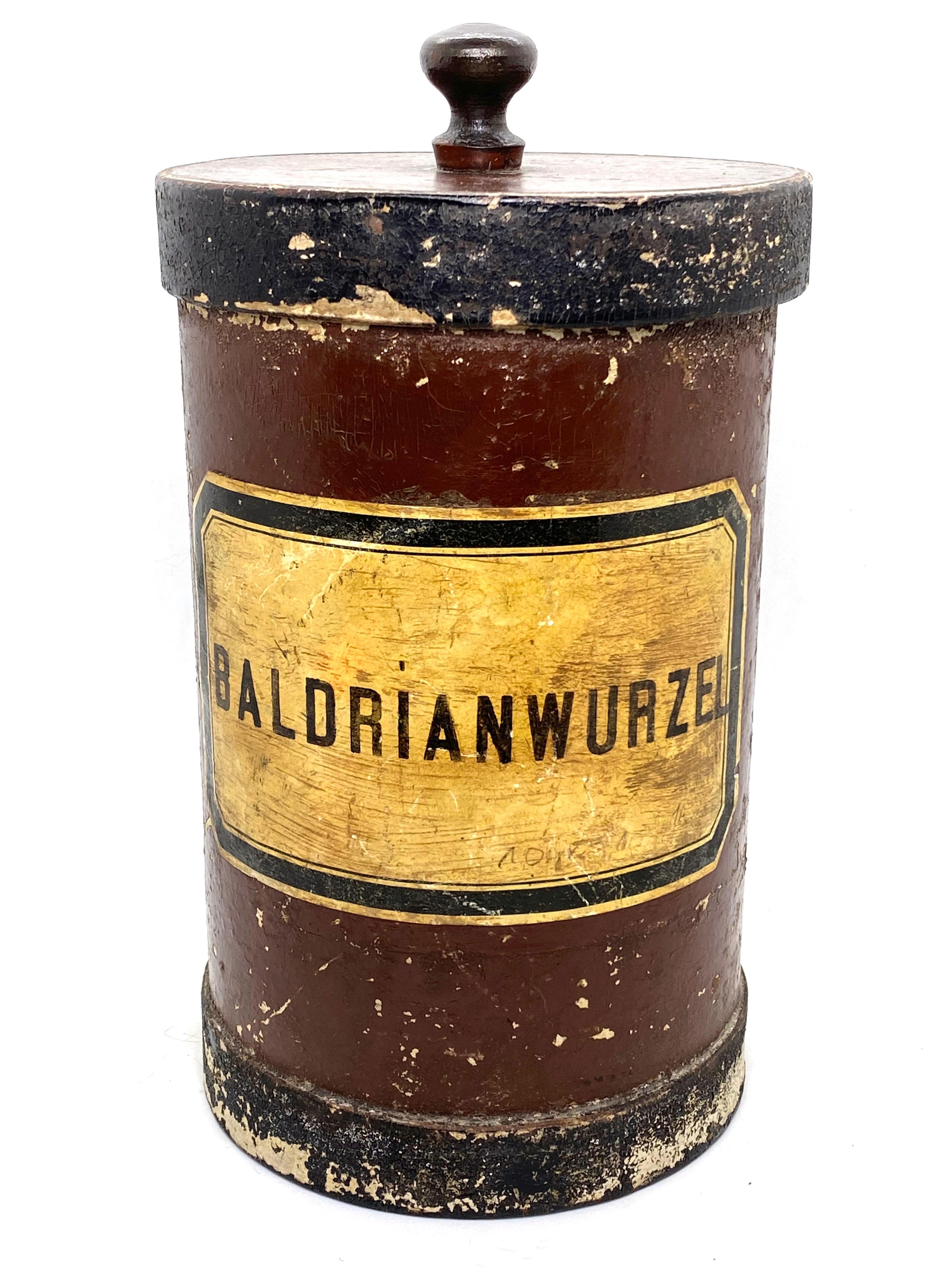 Classic early 1900s wooden and cardboard apothecary pharmacy storage jar or box for Valerian Root. Nice addition to your room or just for use it on your desk. Found at an estate sale in Nuremberg, Germany.