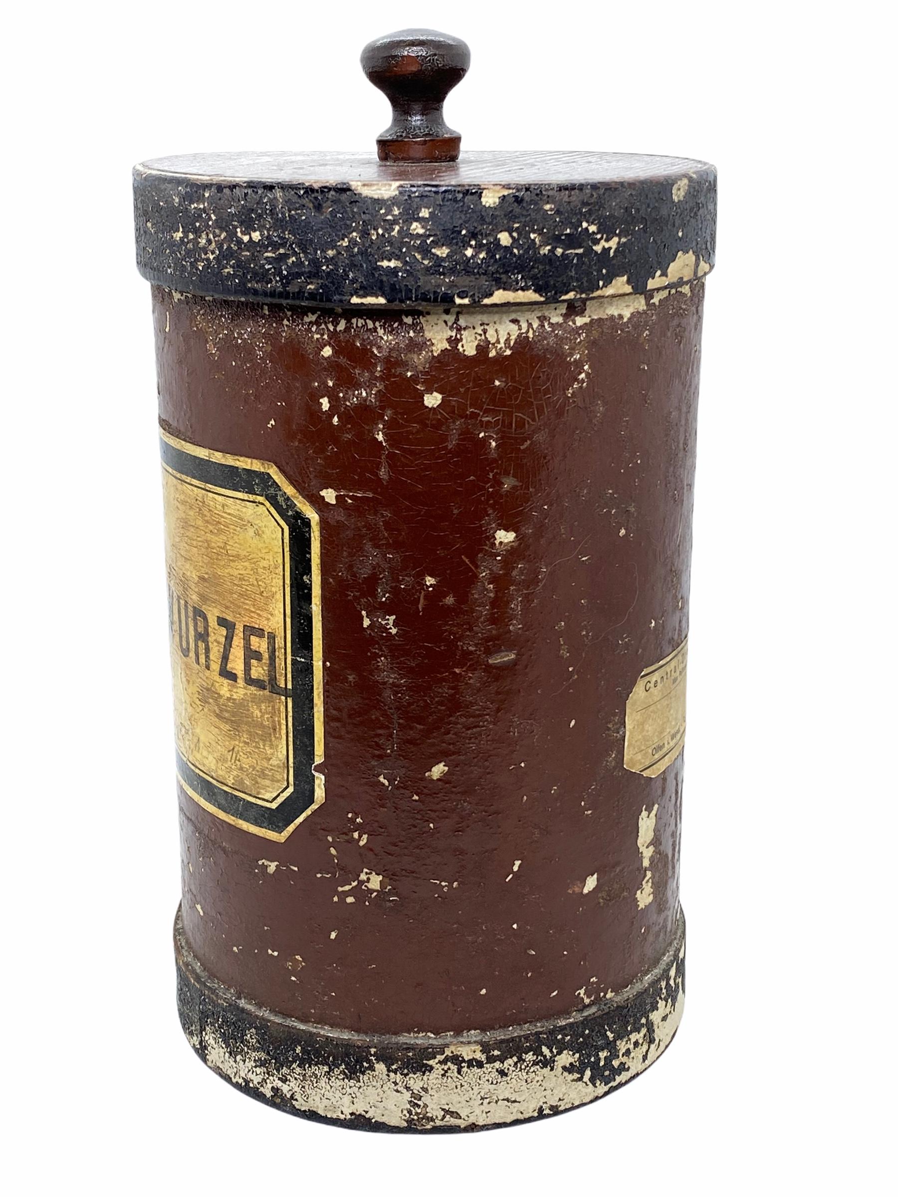 Folk Art Antique Wooden and Cardboard Apothecary Pharmacy Storage Jar for Valerian Root For Sale