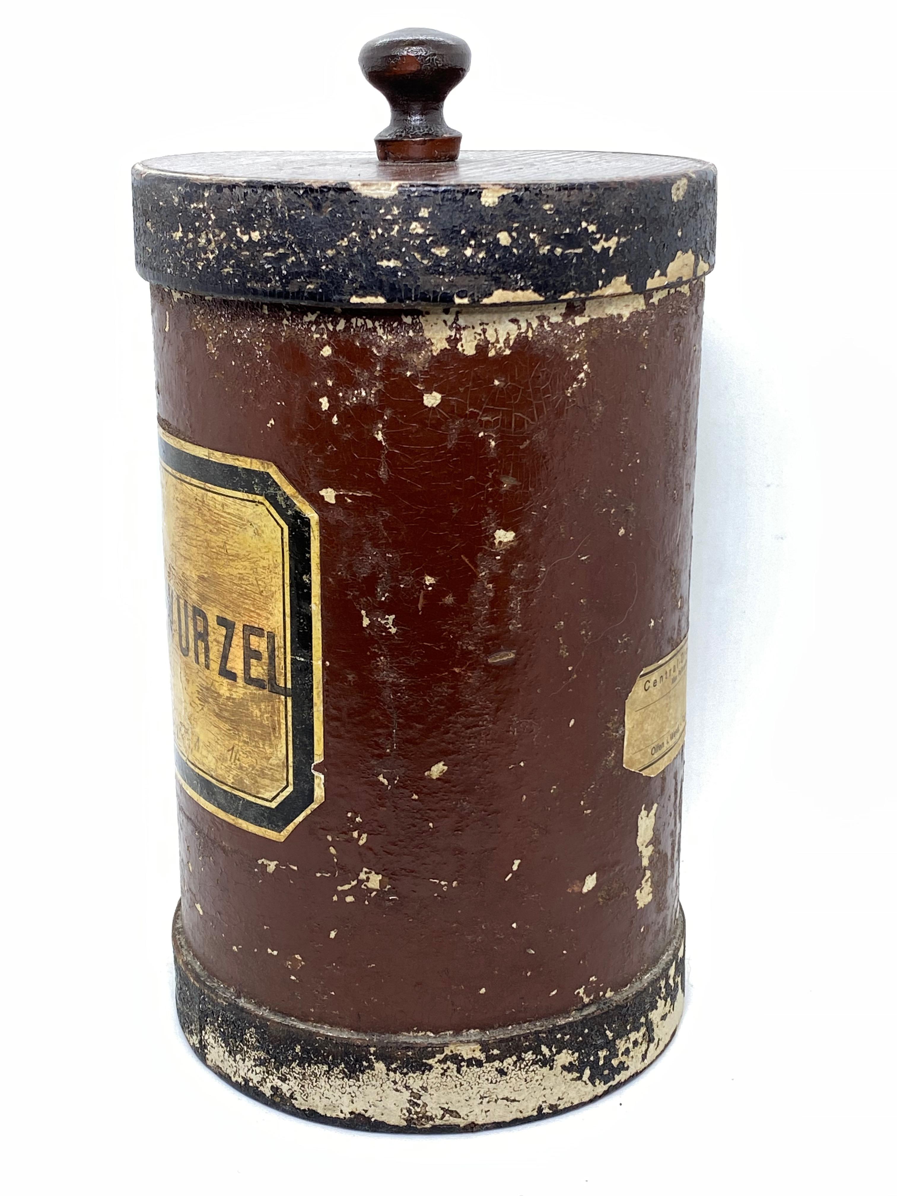 German Antique Wooden and Cardboard Apothecary Pharmacy Storage Jar for Valerian Root For Sale
