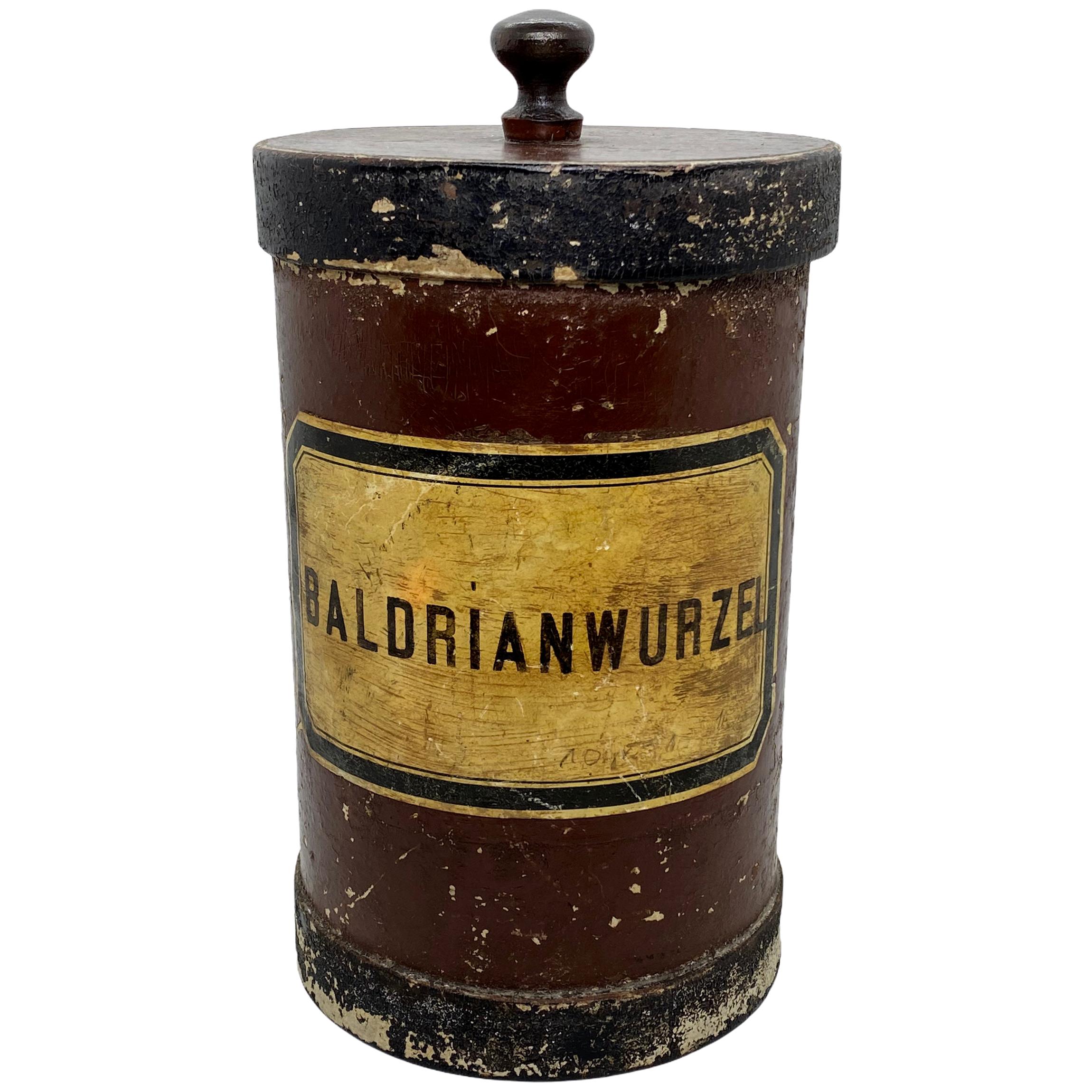 Ancienne jarre de rangement d'apothicaire en bois et en carton pour pharmacie de Valerian Root