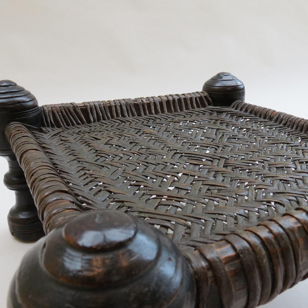 Hand-Crafted Antique Wooden and Leather Swat Stool, Pakistan