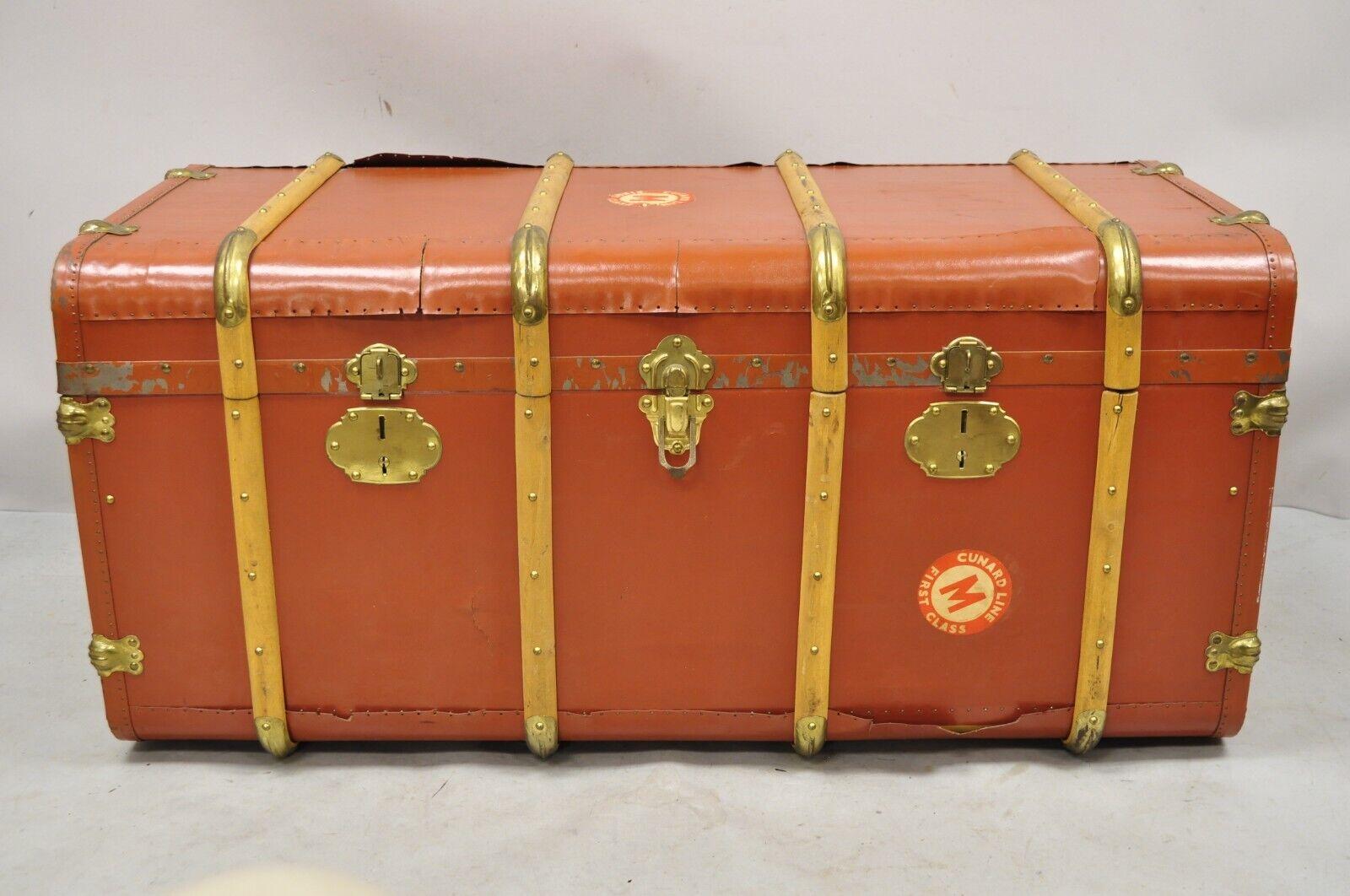 Antique Wooden Band Large Steamer Trunk Orange Ship Trunk Cunard Line Decals For Sale 5
