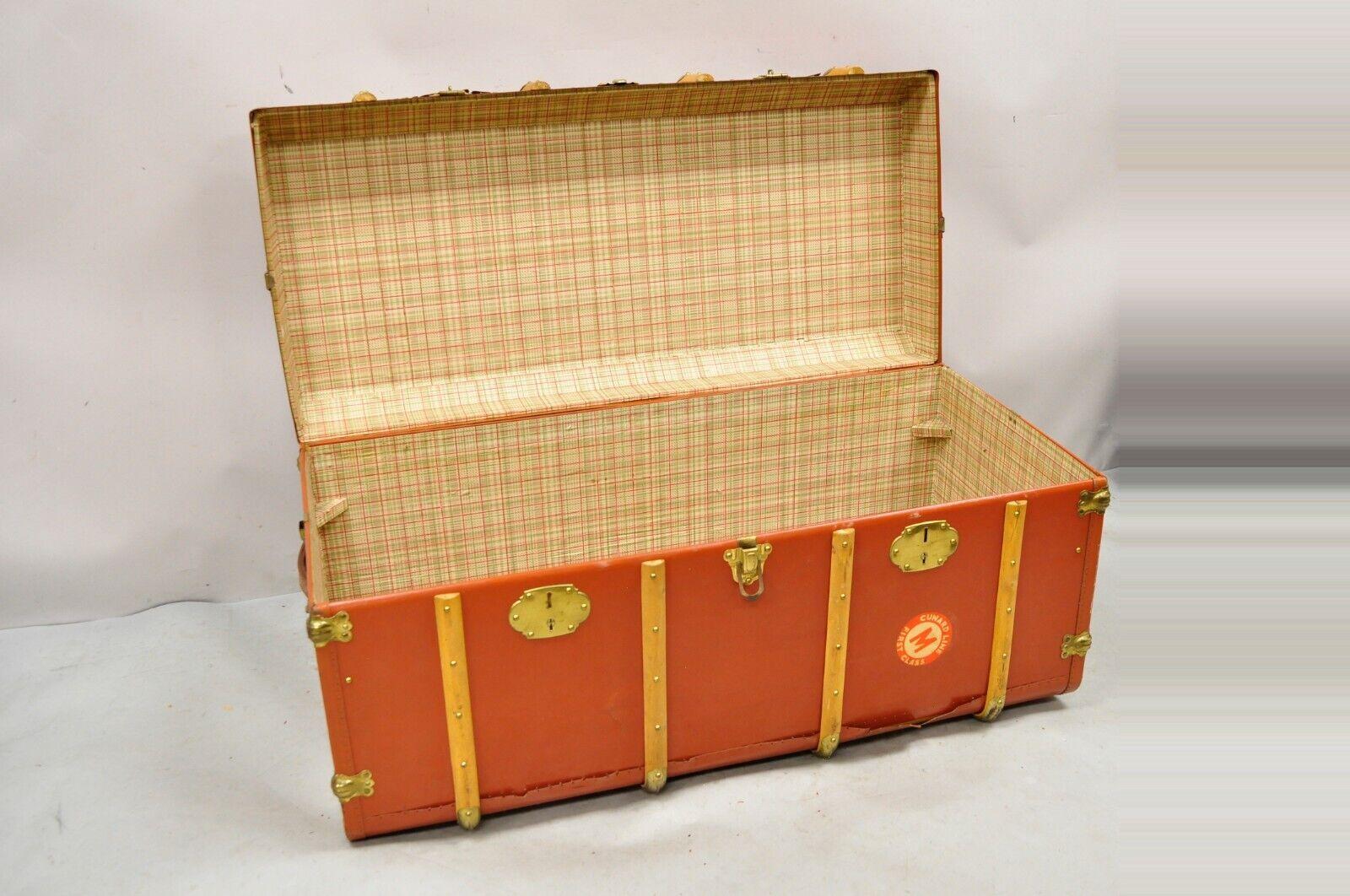 Antique Wooden Band Large Steamer Trunk Orange Ship Trunk Cunard Line Decals In Good Condition For Sale In Philadelphia, PA